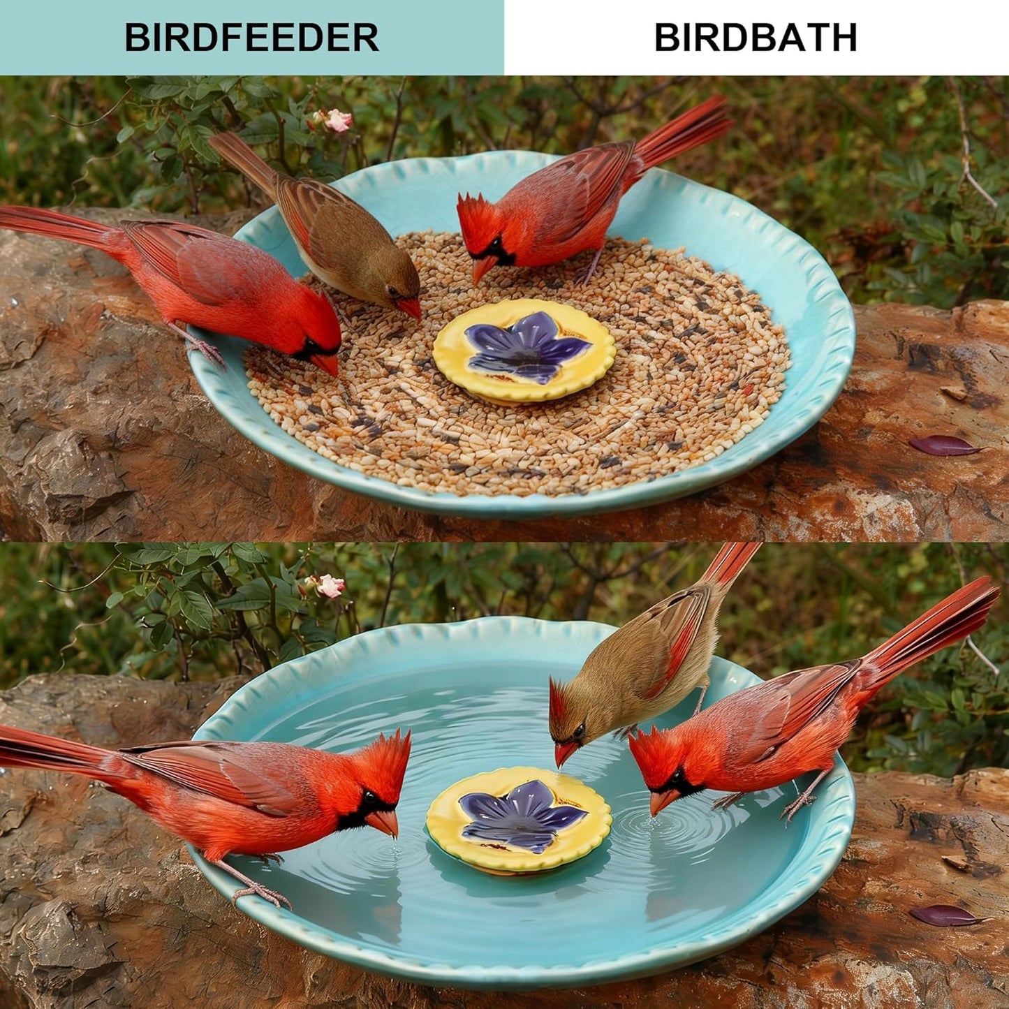 Topadorn 12.25in Ceramic Bird Bath for Outdoors, Large Bird Bath Bowl for Garden Lawn Balcony Patio Yard Tabletop Ground Decor, Blue with Yellow Flower