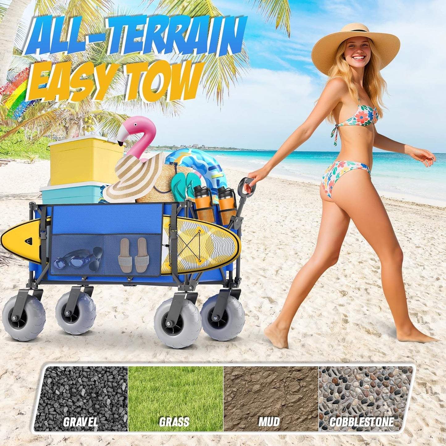 Beach Wagon with Big Wheels for Sand, 350lbs Heavy Duty Folding Wagon,
