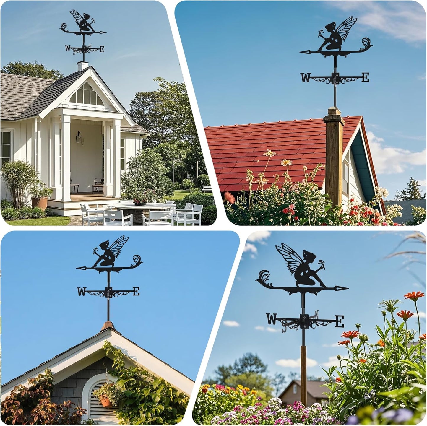 Fairy and Flower Weather Vane, Black Metal Weathervane Roof Mount, Win