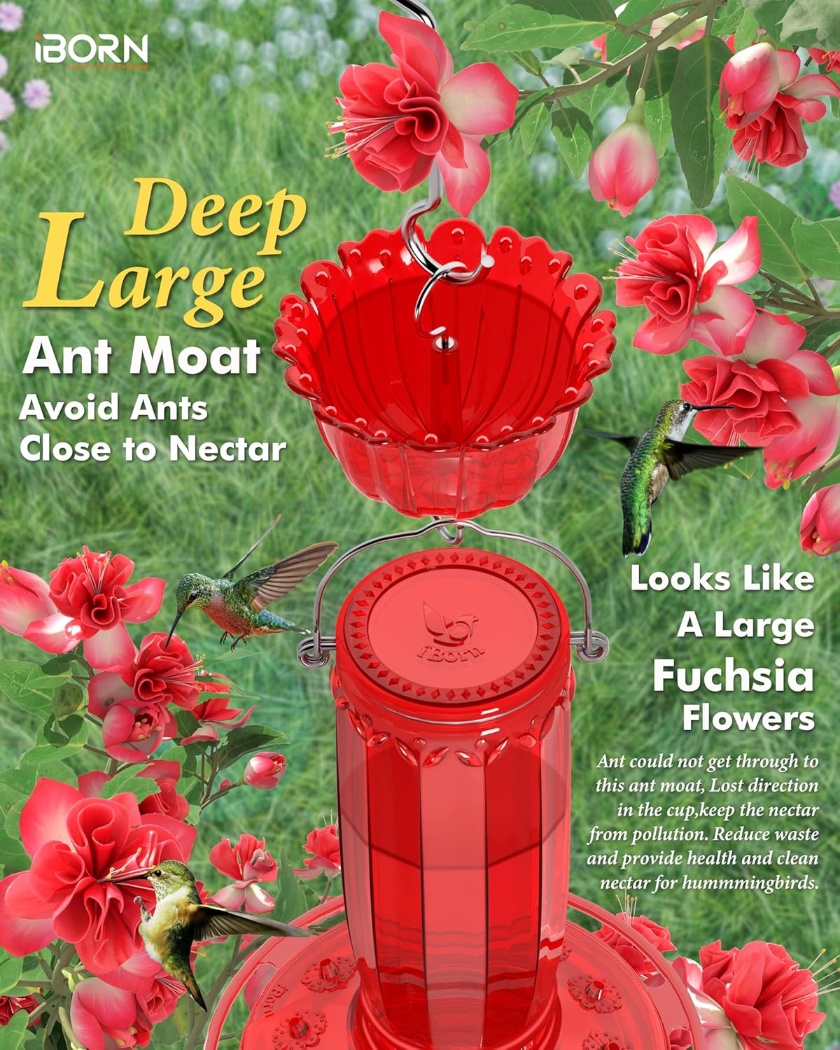 iBorn Hummingbird Feeders for Outdoors Hanging with Ant Moat for Hummingbird Feeder Glass 12 Ports for 16oz Humming Bird Nectar, Red Glass, Pack of 1