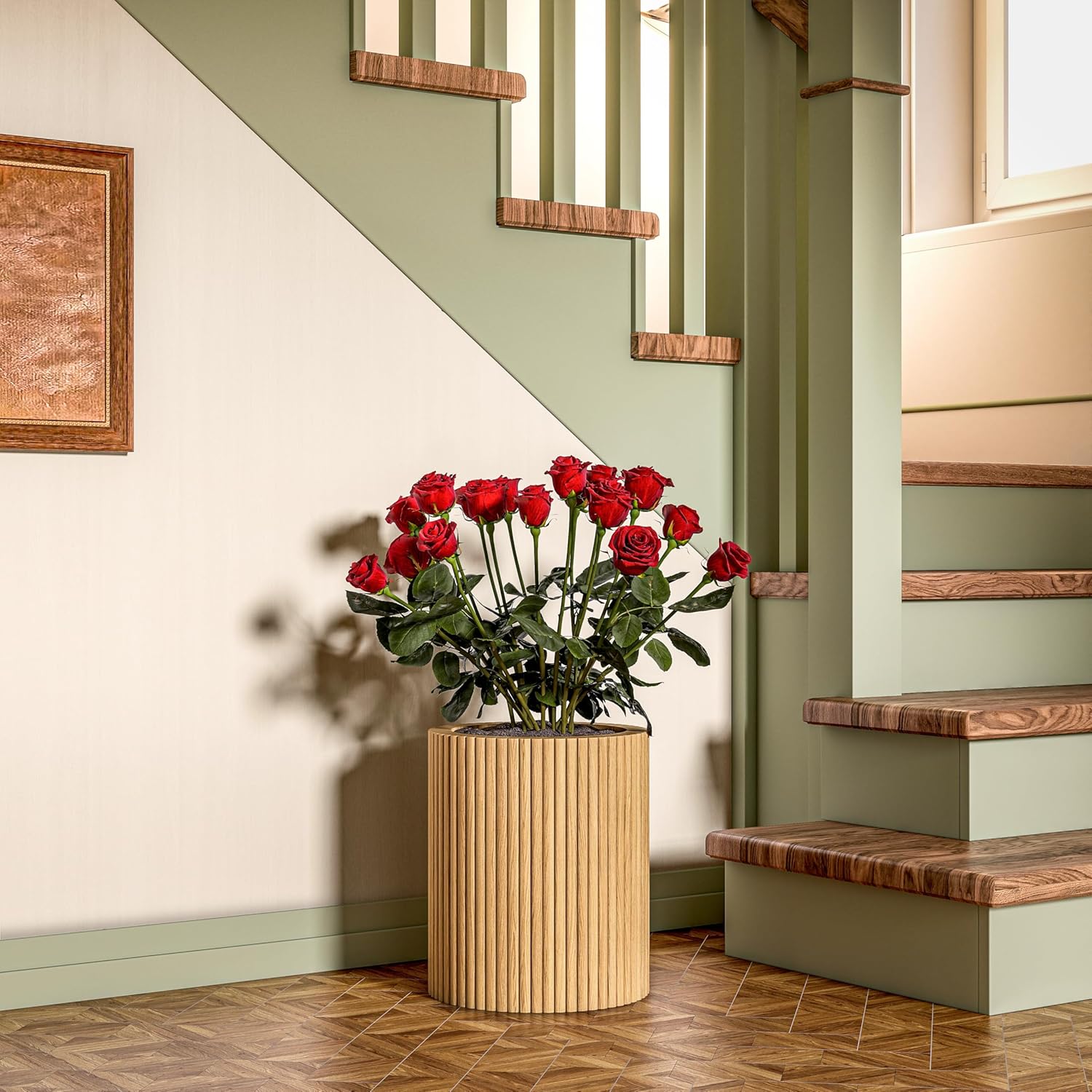 SHYFOY Fluted Wooden Round Indoor Outdoor Planters, Cylinder Decorativ