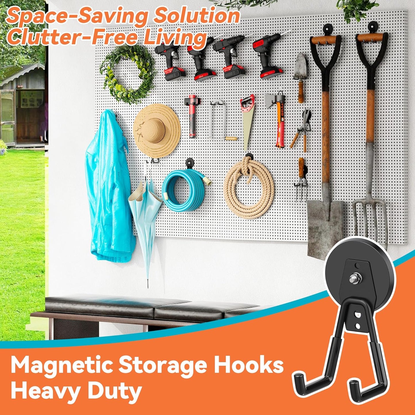 6 Pack Heavy Duty Storage Magnetic Utility Hooks, Ndfeb Strong Large Garage Magnet Hooks, Extra Big Magnetic Hook, Industrial Magnet Holder for Hanging Power Drill Broom Garden Tools Pegboard