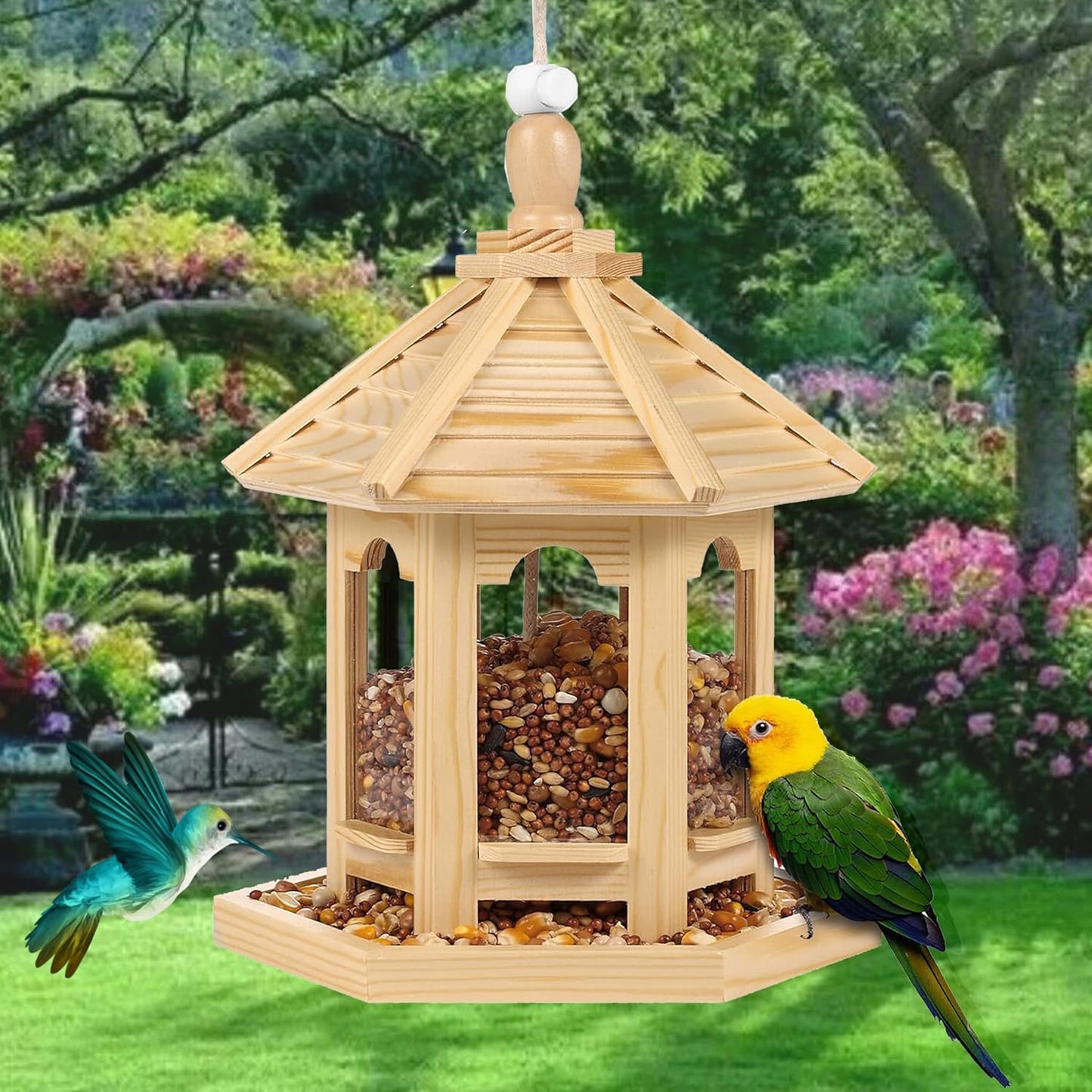 Wooden Bird Feeder for Outside Garden,Hanging Bird Feeders Wood Hexagon Shaped Gazebo Large Capacity for Cardinal Sparrow Finch