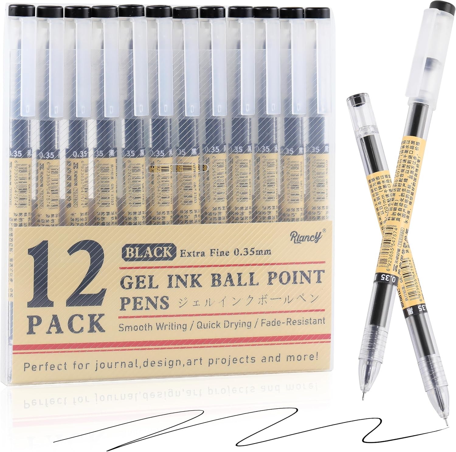 RIANCY Japanese Style Black Gel Ink Pens, 0.35mm Extra Fine Point, No 