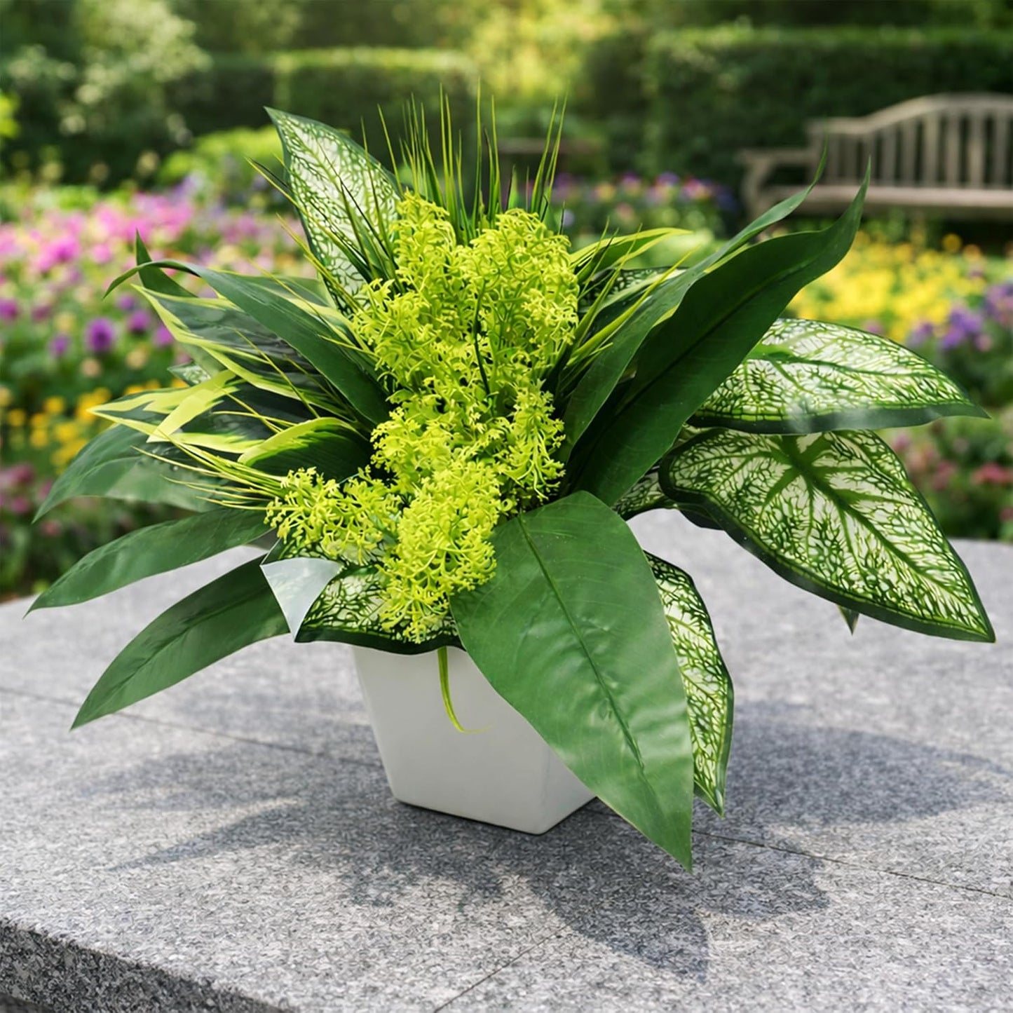 Artificial Plants, Green Foliage Arrangement with Planter Pot, UV Resistant Plastic, 15x11x4 Inches, Outdoor Patio Decoration