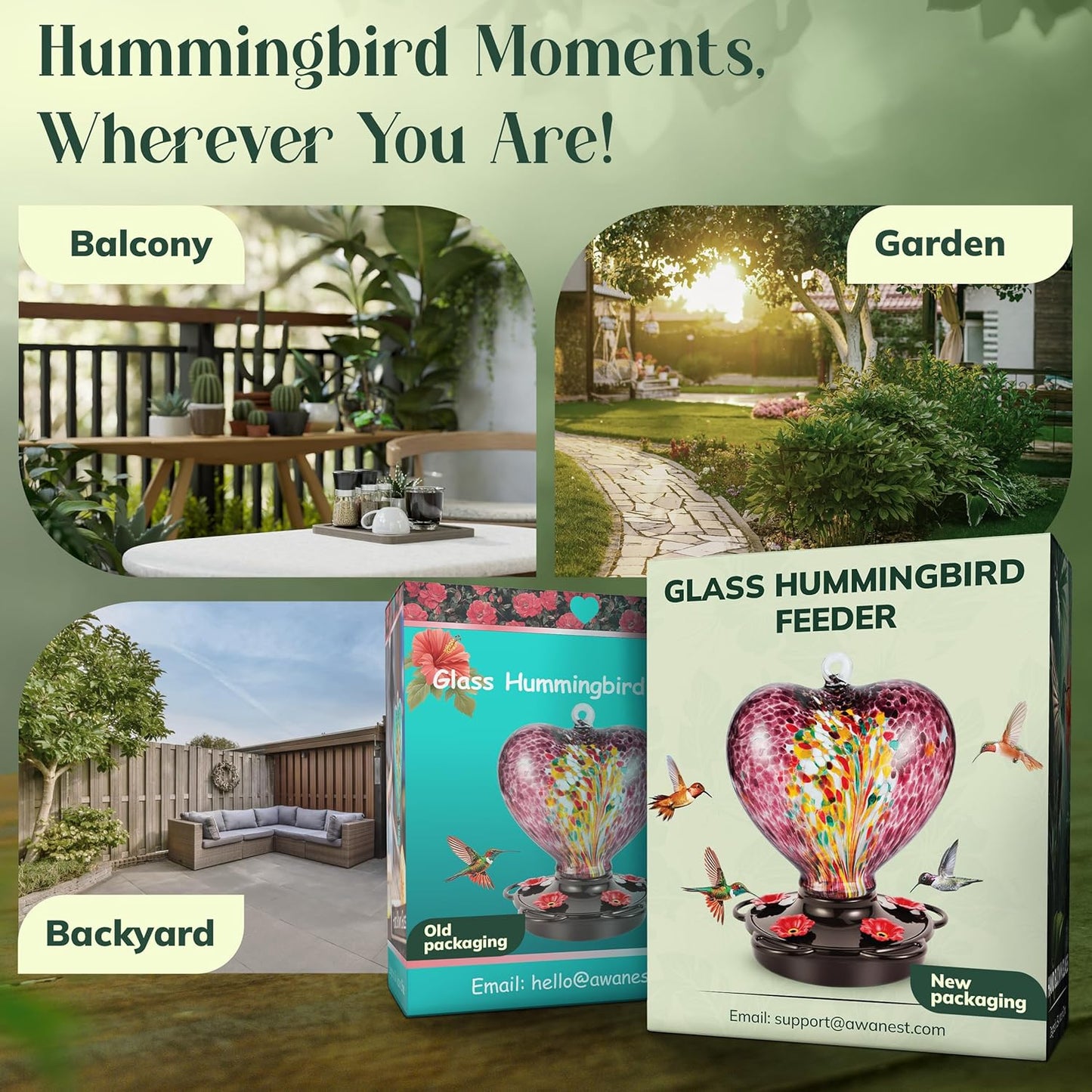 Hand Blown Glass Hummingbird Feeder for Outdoors All Season Use - 28 F