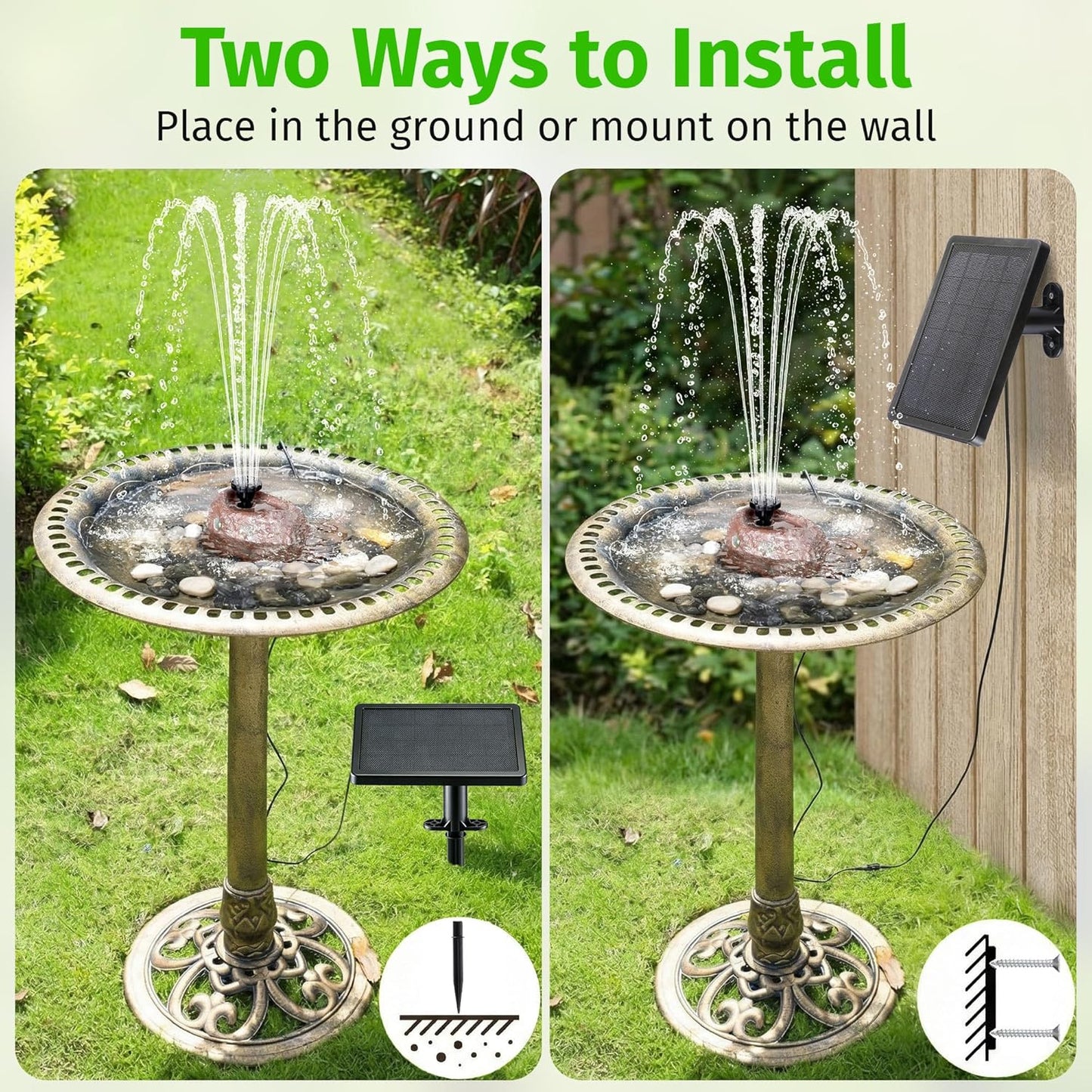 Saillong Solar Fountain for Bird Bath with Granite Rock, Solar Water Pump with 6 Nozzles, Bird Bath Water Fountains with Dry Run Protection, Fountain Pump for BirdBath, Garden, Pond