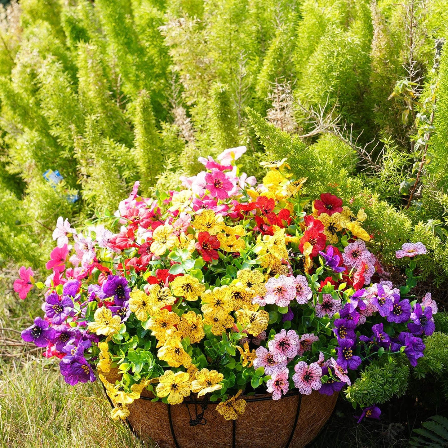Artificial Flowers for Outdoor, UV Resistant Fake Silk Flowers, Realistic Faux Plants for Outside Indoor Porch Patio Window Box Planter Home Decor (20, Yellow Purple Rosy Pink Red)