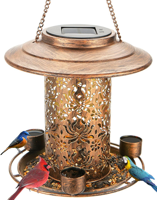 Solar Bird Feeders for Outdoors, Metal Hanging Bird Feeder with 3 Wate