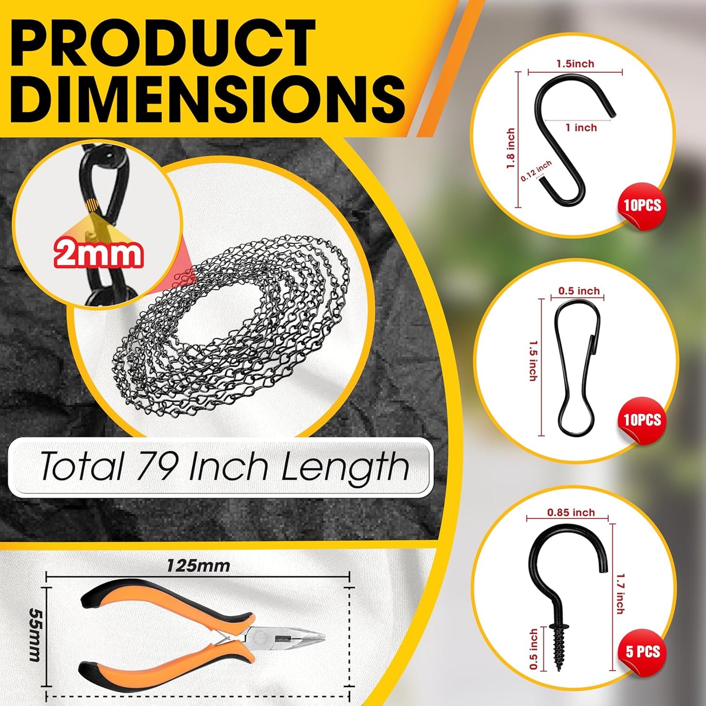 [Upgraded] 79” Black Electroplated Steel Hanging Chain with S-Hooks, Snap Hooks, Ceiling Hooks & Pliers, 33LBS Load Capacity, Adjustable Length for Hanging Bird Feeders, Planters, Lanterns, Billboards