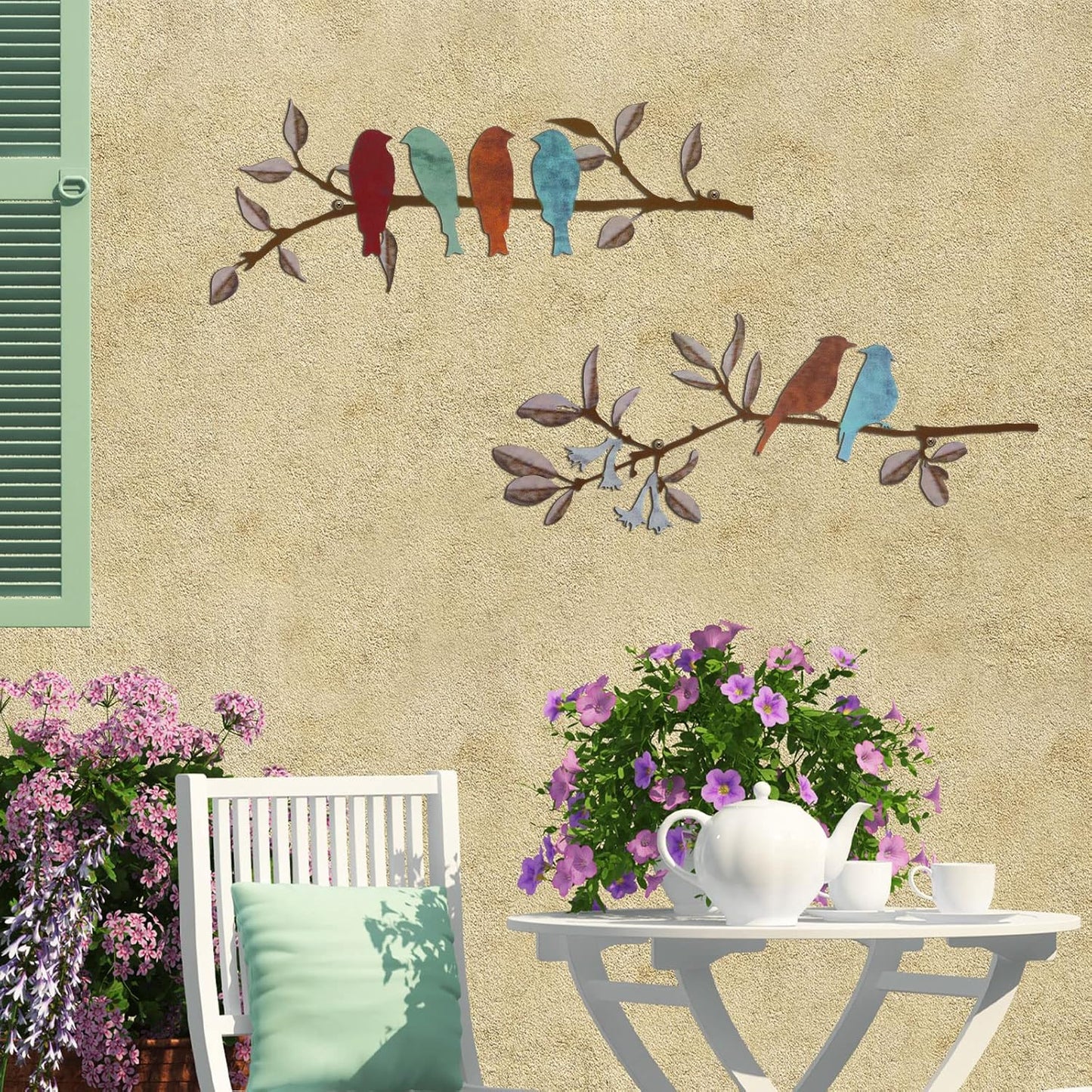 Demissle 2 Pcs Metal Birds Wall Art Decor Vivid Birds on Branch with Leaves Rustic Wall Decor Waterproof Metal Sculpture Hanging Sign for Home Balcony Garden Indoor Outdoor(Colorful)