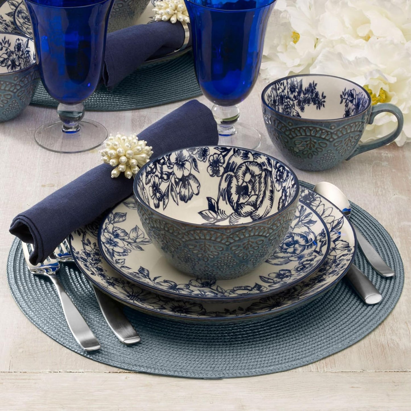 Pfaltzgraff Gabriela Blue 16-Piece Dinnerware Set, Service for 4, Dura