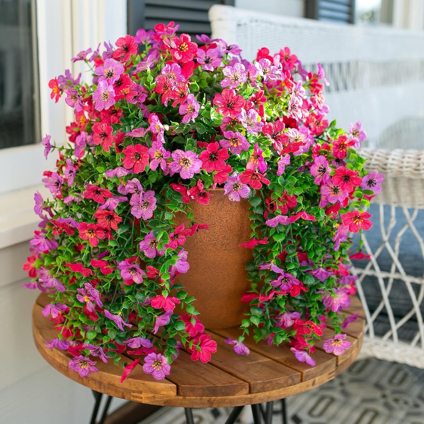 HyeFlora Artificial Flowers for Outdoors Fake Hanging Decoration, 2Pcs Purple and Hotpink Spring Decor, Realistic Plants, UV & Fading Resistant Silk Flower for Porch Patio Balcony Planter Yard