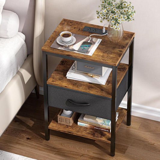 SUPERJARE Nightstand with Charging Station, Bed Side Table with Adjust