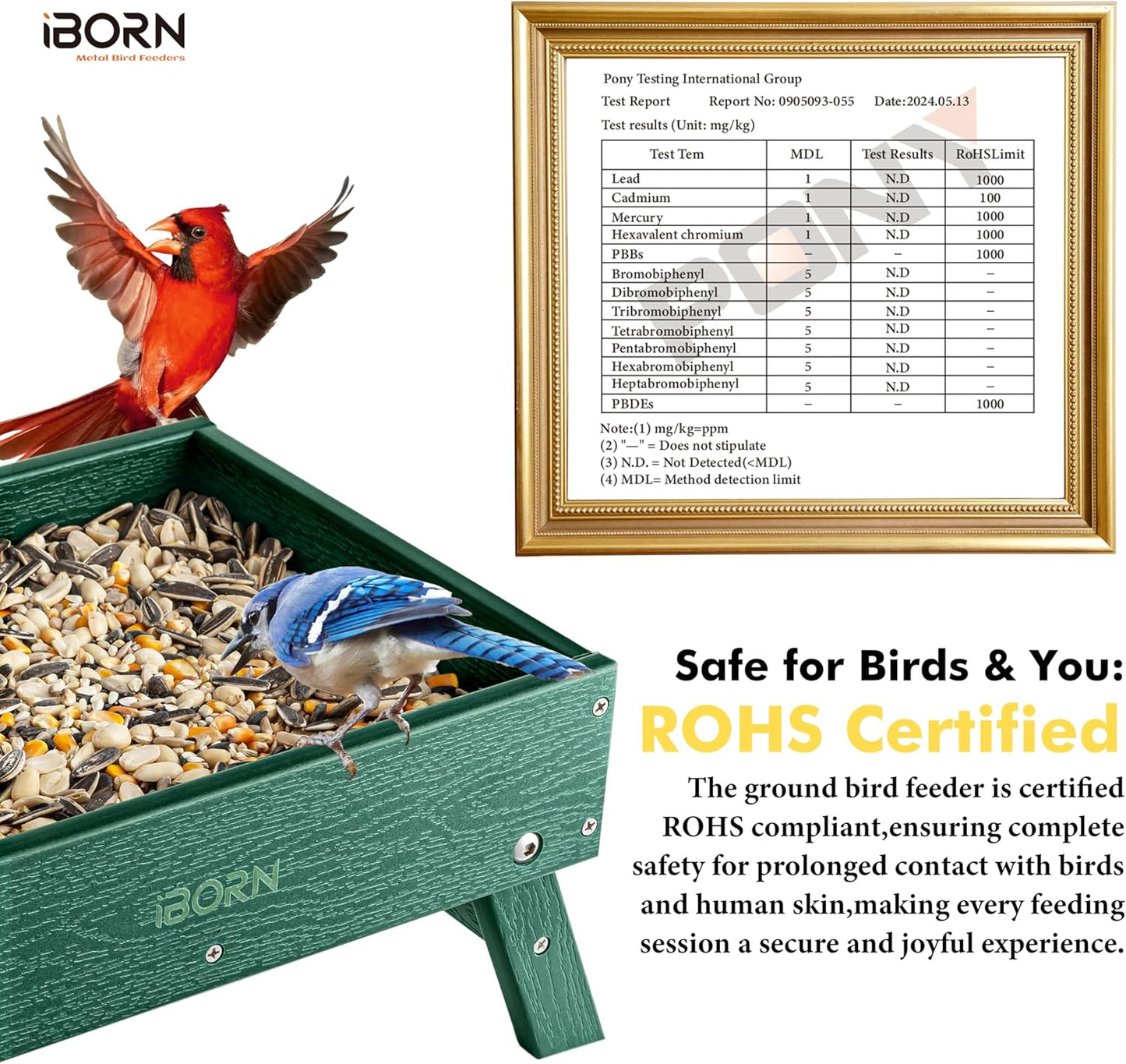 iBorn Ground Bird Feeder, Bird & Squirrel Platform Feeder for Outdoors, WPC Recycled Plastic, 3.6LB Large Capacity, Green