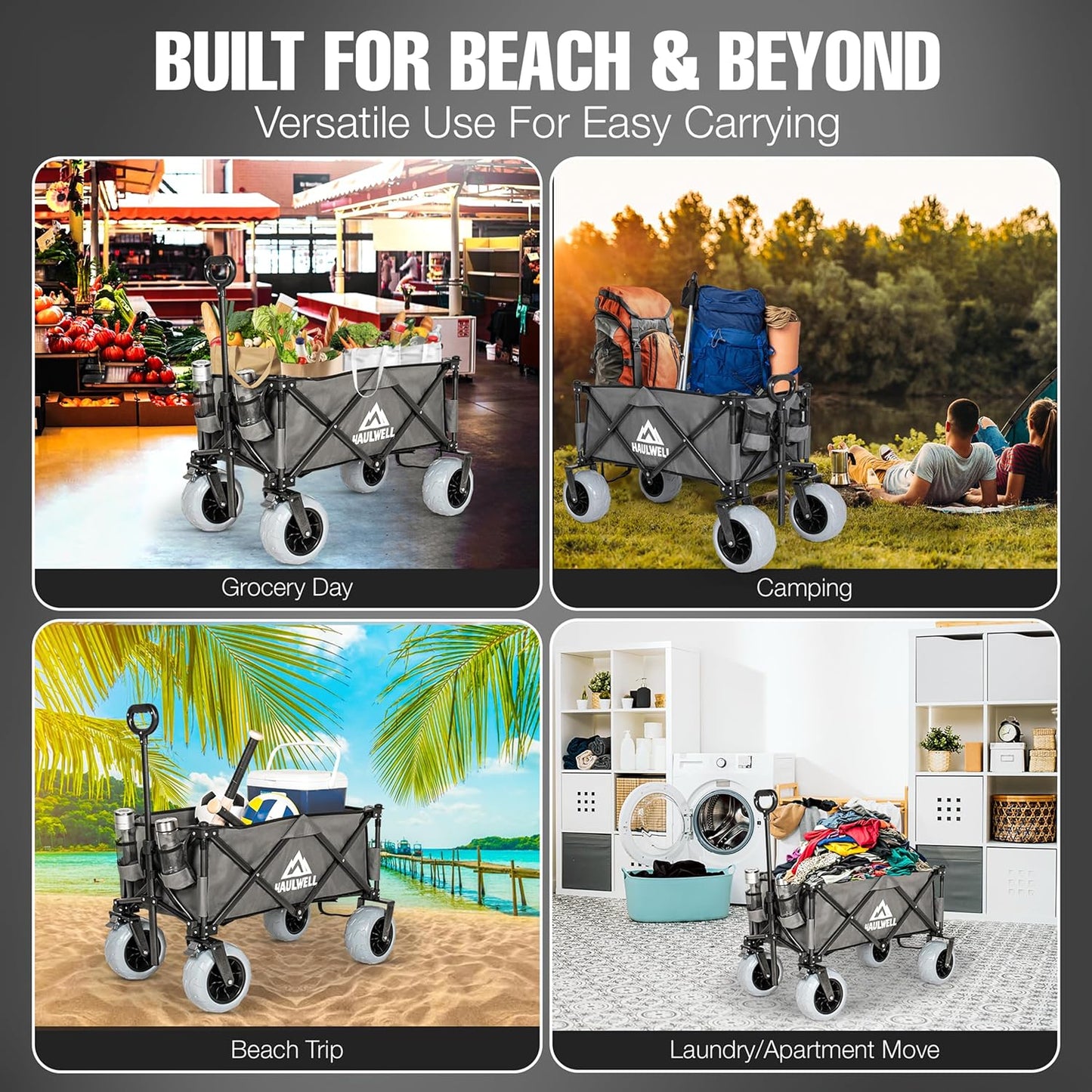 Beach Wagon for Sand with Big Wheels | All Terrain Folding Utility Cart | Collapsible Heavy Duty Wagon Cart for Kids, Beach and Camping | Haulwell