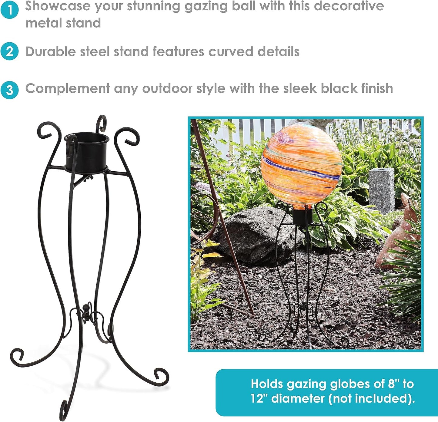 Sunnydaze Graceful Curved Outdoor Gazing Globe Stand - Metal Garden Globe Stand for 8" to 12" Gazing Balls - Black - 18.25" H