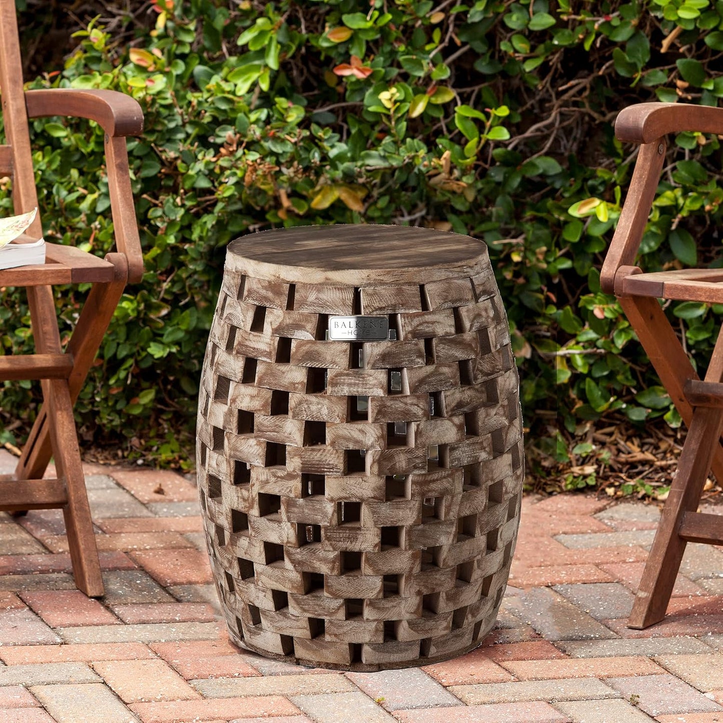 Balkene Home 62419 Maya Oval Rustic Garden Stool Wood Outdoor Seating & End Table Portable Adaptable Outdoor Furniture - Seasoned Patina Finish