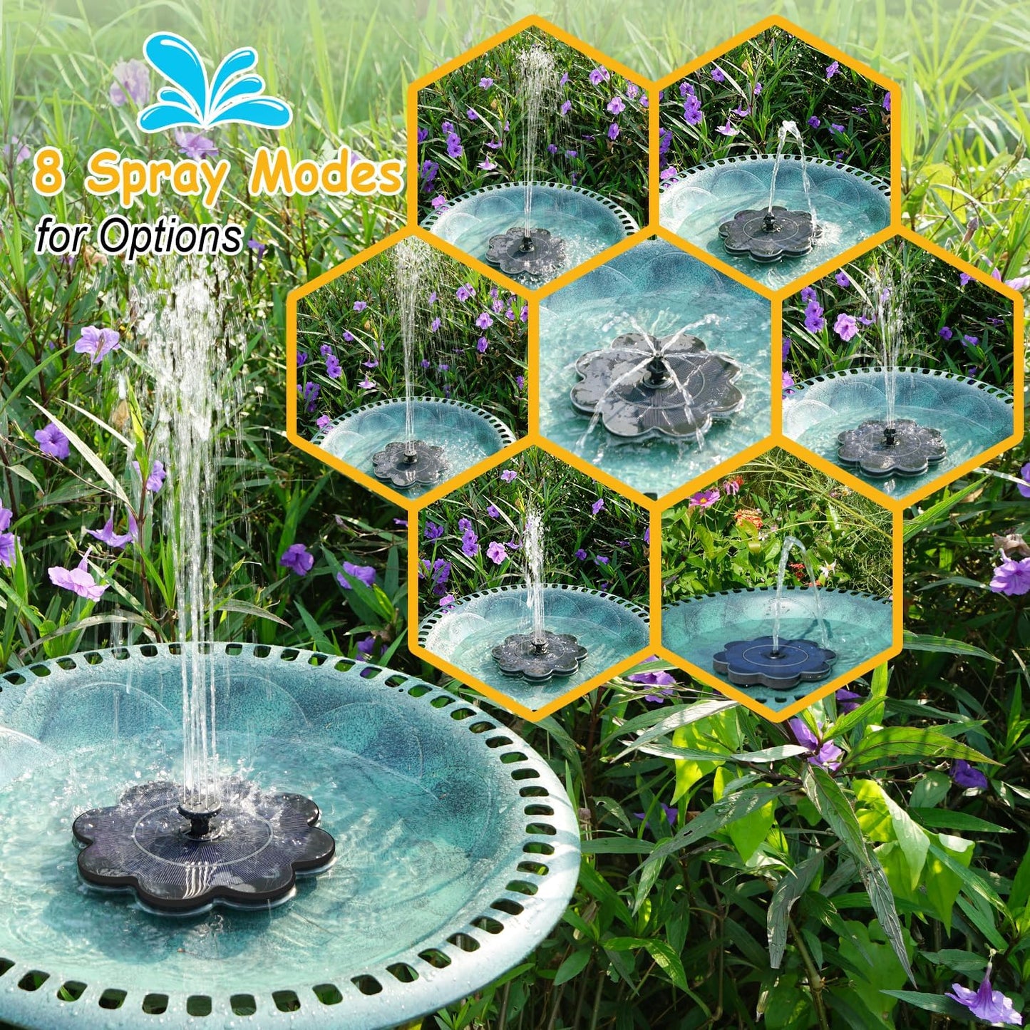 3.5W Solar Fountain with 2000mAh Battery - Work On Cloudy Day- Upgrade Lucky Flower Glass Panel Solar Bird Bath Fountains, Hummingbird Water Fountain Pumps for Birdbath, Pool, and Pond