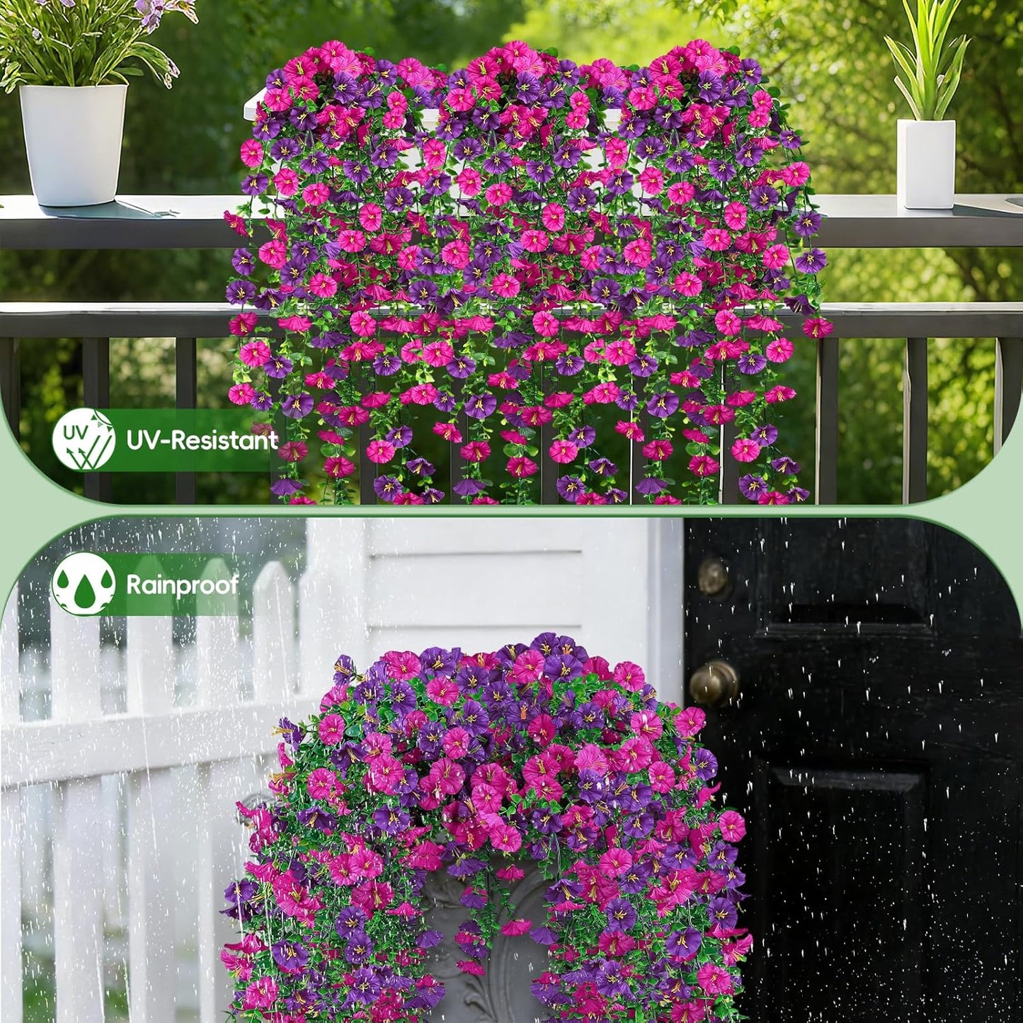 Artificial Hanging Flowers for Outdoor, 4Pcs UV Resistant Faux Morning Glory Flower Spring Summer Decroation, No Fade Fake Flower Trailing Vine for Porch Patio Balcony Yard Garden, Purple+Light Purple