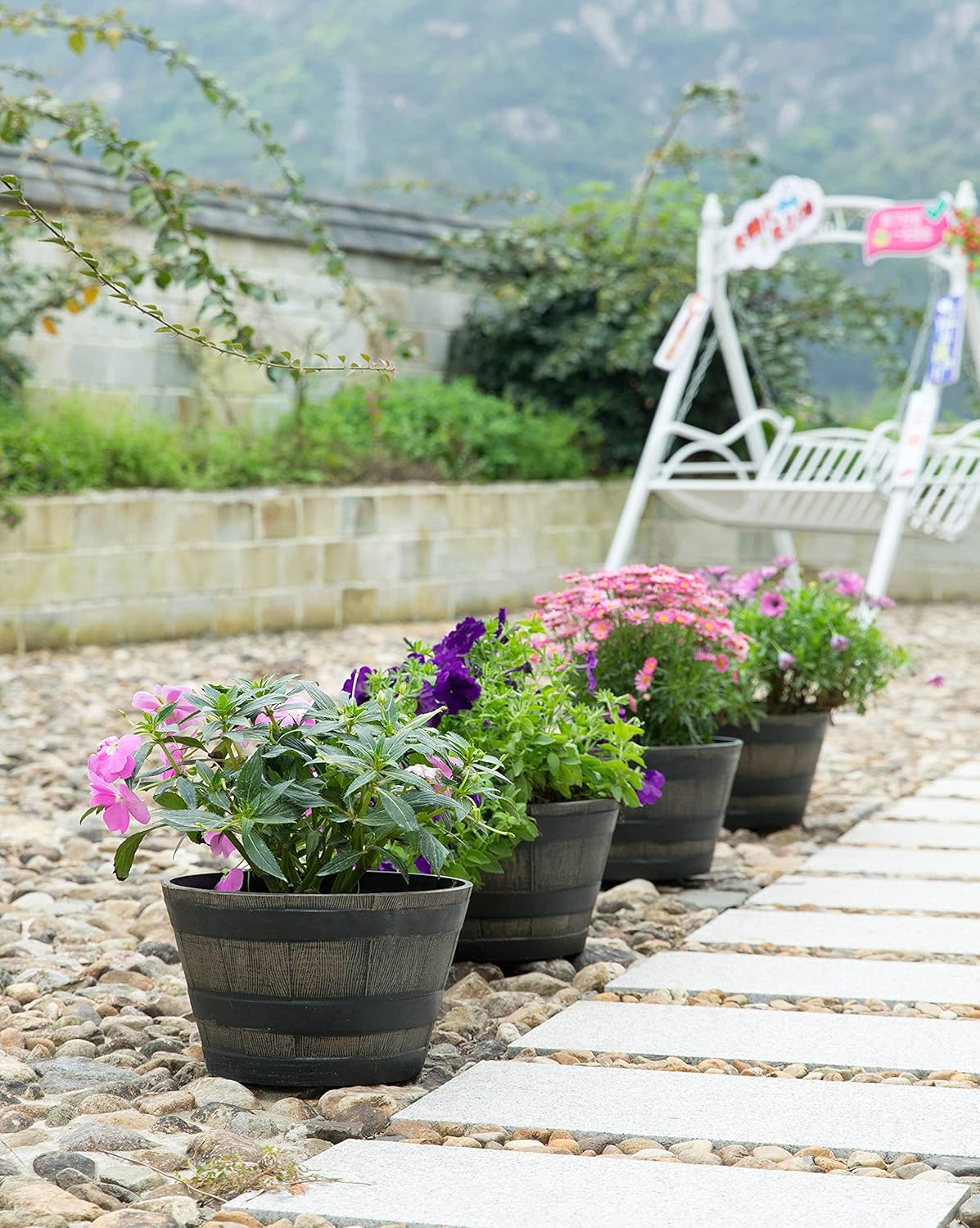 Gardenised Rustic Wood- Look Plastic Half Barrel Flower Pot Bucket Planter, Pack of 4