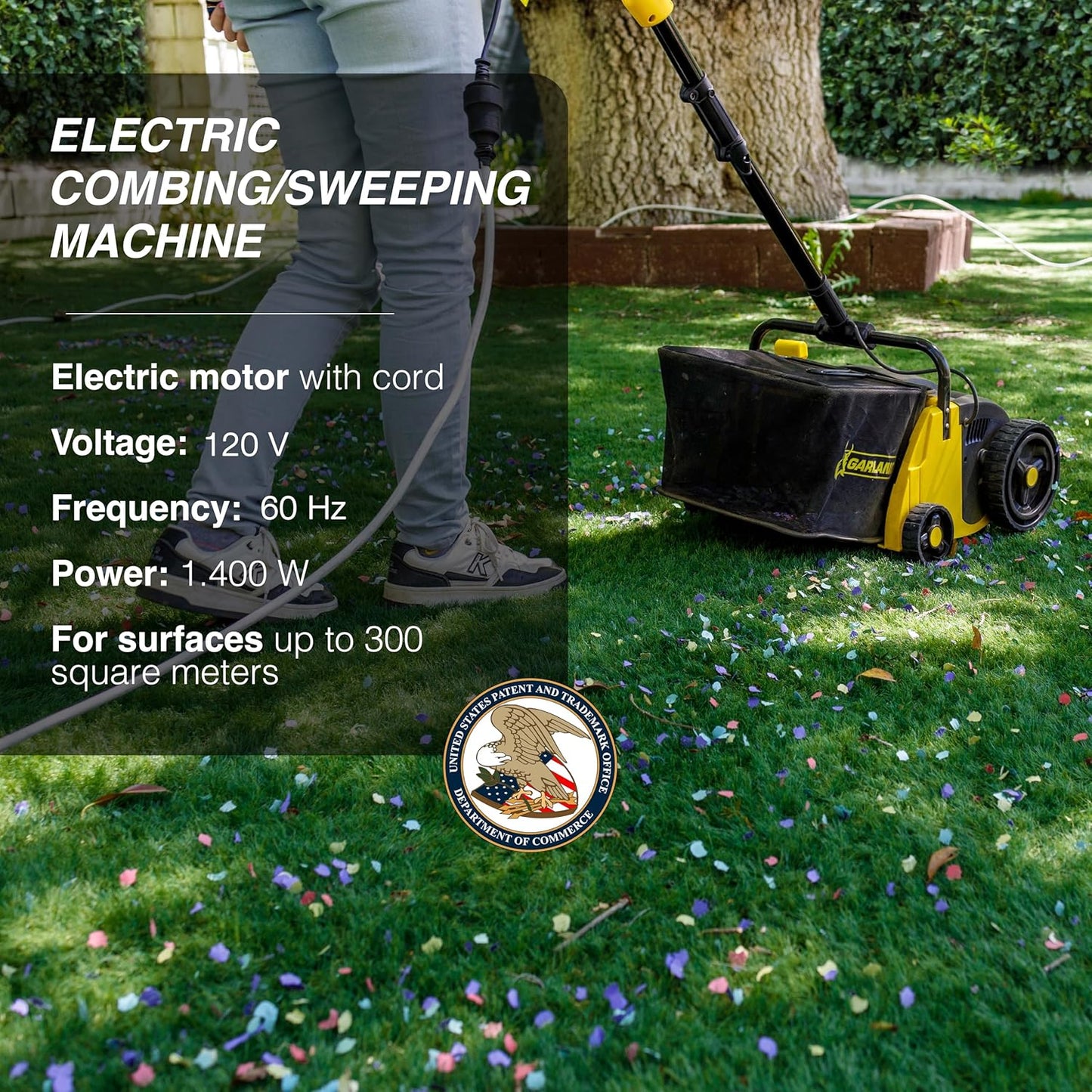 Artificial Turf Sweeper by Roll & Comb, Corded Electric Lawn Rake for Artificial Grass, Cool Gardening Gift, 25 Liter Leaf Collector, Model 302e, 19.8lb.