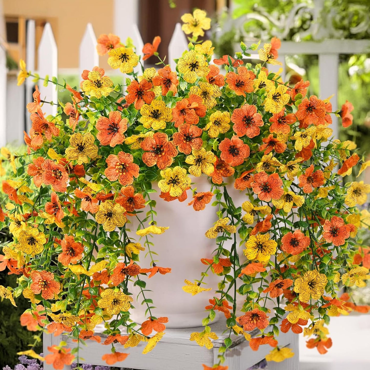 Artificial Hanging Flowers Plants for Outdoor Fall Decoration, 2PCS Faux Silk Daisy UV Resistant Look Real for Outside Home Indoor Planter Porch Window Yard Autumn Decor(Orange Yellow)