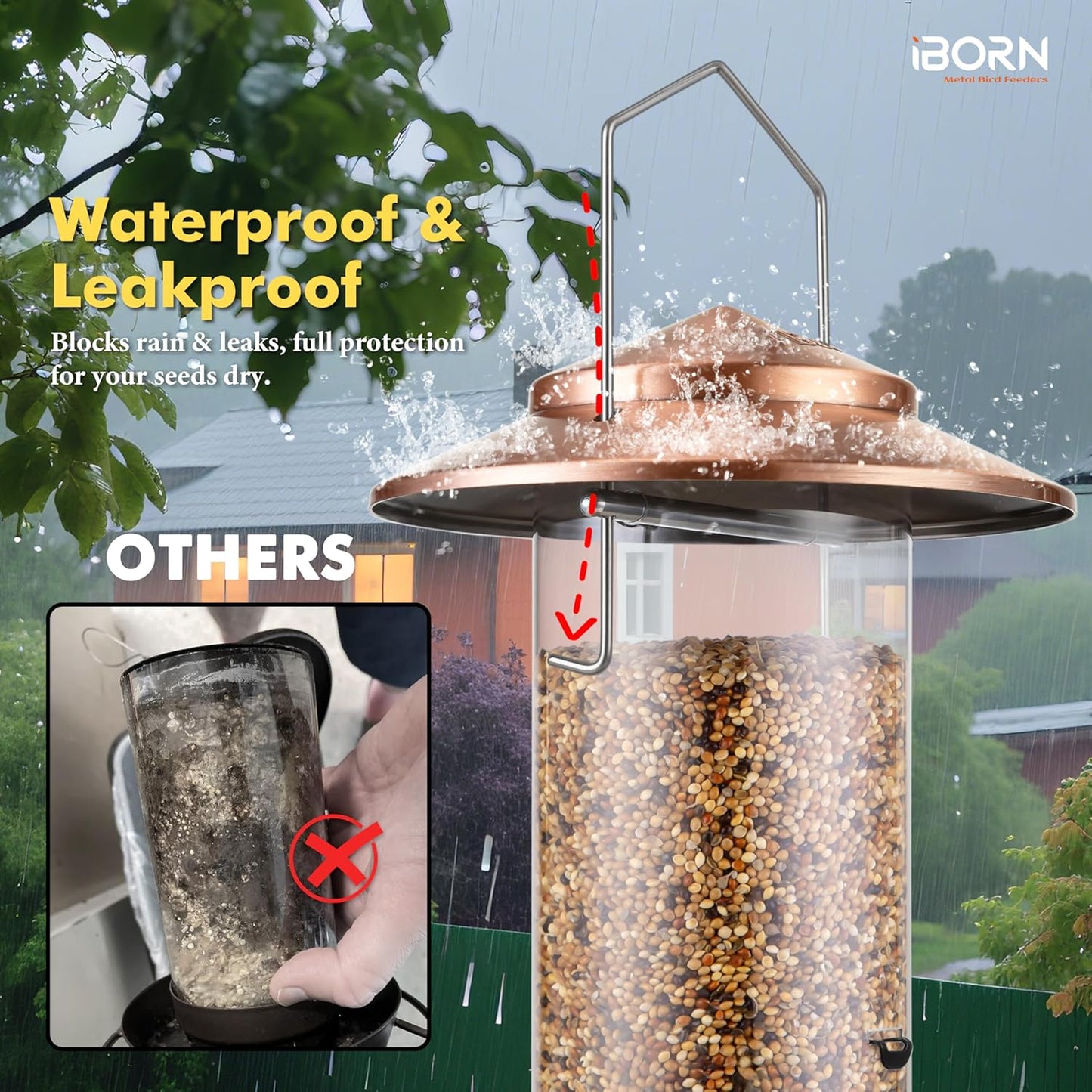 iBorn Bird Feeder Metal Squirrel Chew-Proof Bird Feeders for Outdoors Hanging Outside for Cardinal, Holds 1.5LB Seed with 3 Perchs, Brushed Copper (Seed is not Included)