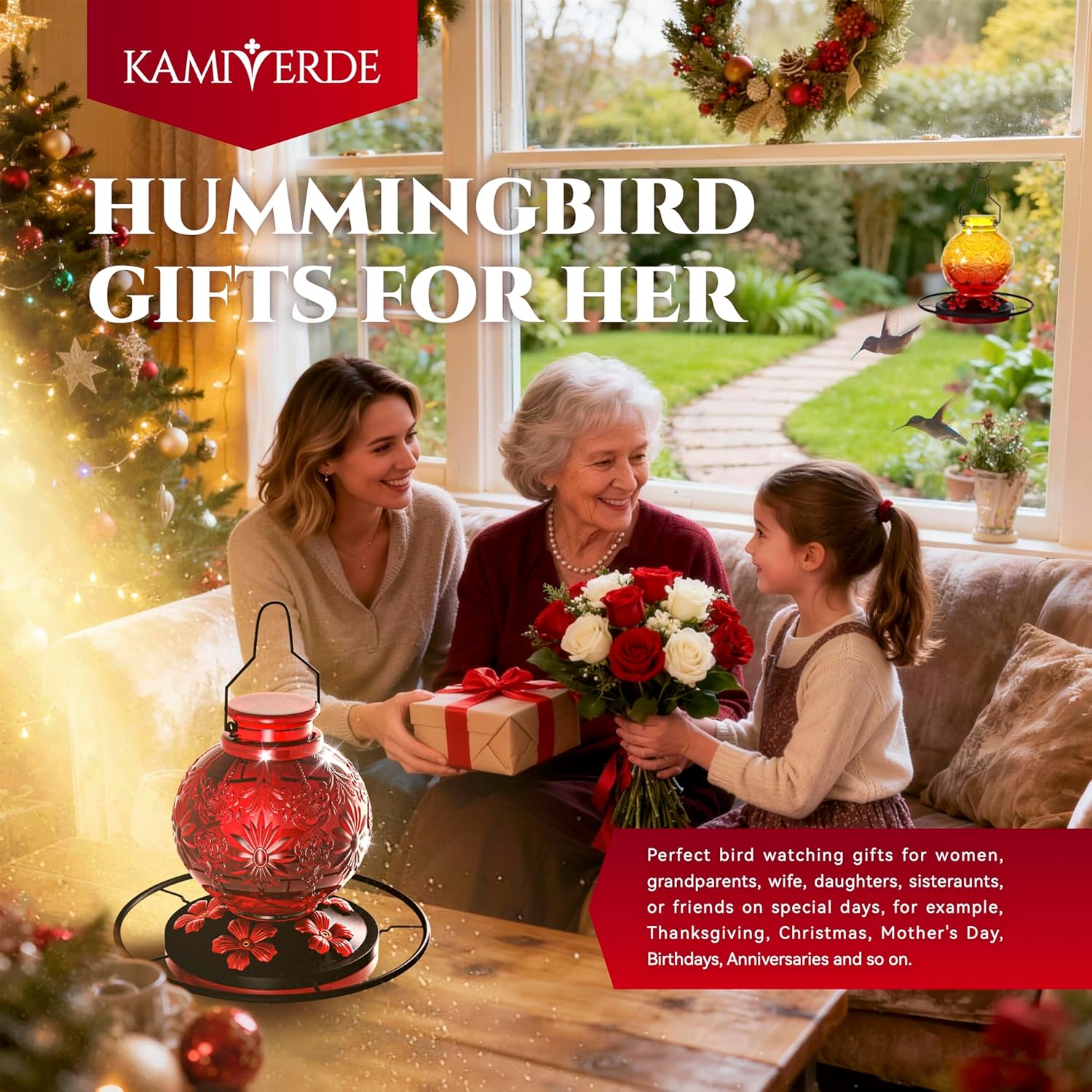 Glass Hummingbird Feeder for Outdoors, 25Oz Large Decorative Hanging H