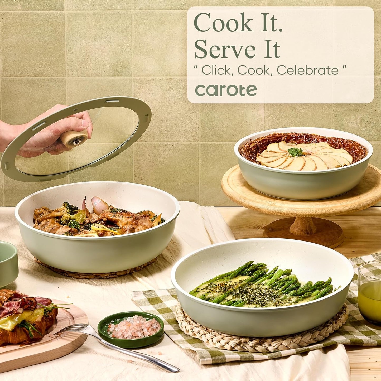 CAROTE Pots and Pans Set, Nonstick Cookware Set Detachable Handle, 19pcs Induction Kitchen Cookware Sets Non Stick with Removable Handle, RV Cookware Set, Oven Safe, Sage Green