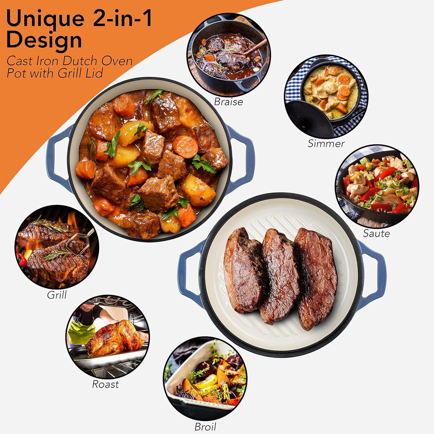 2-in-1 Enameled Cast Iron Braiser Pan with Grill Lid - 3.3-Quart Small