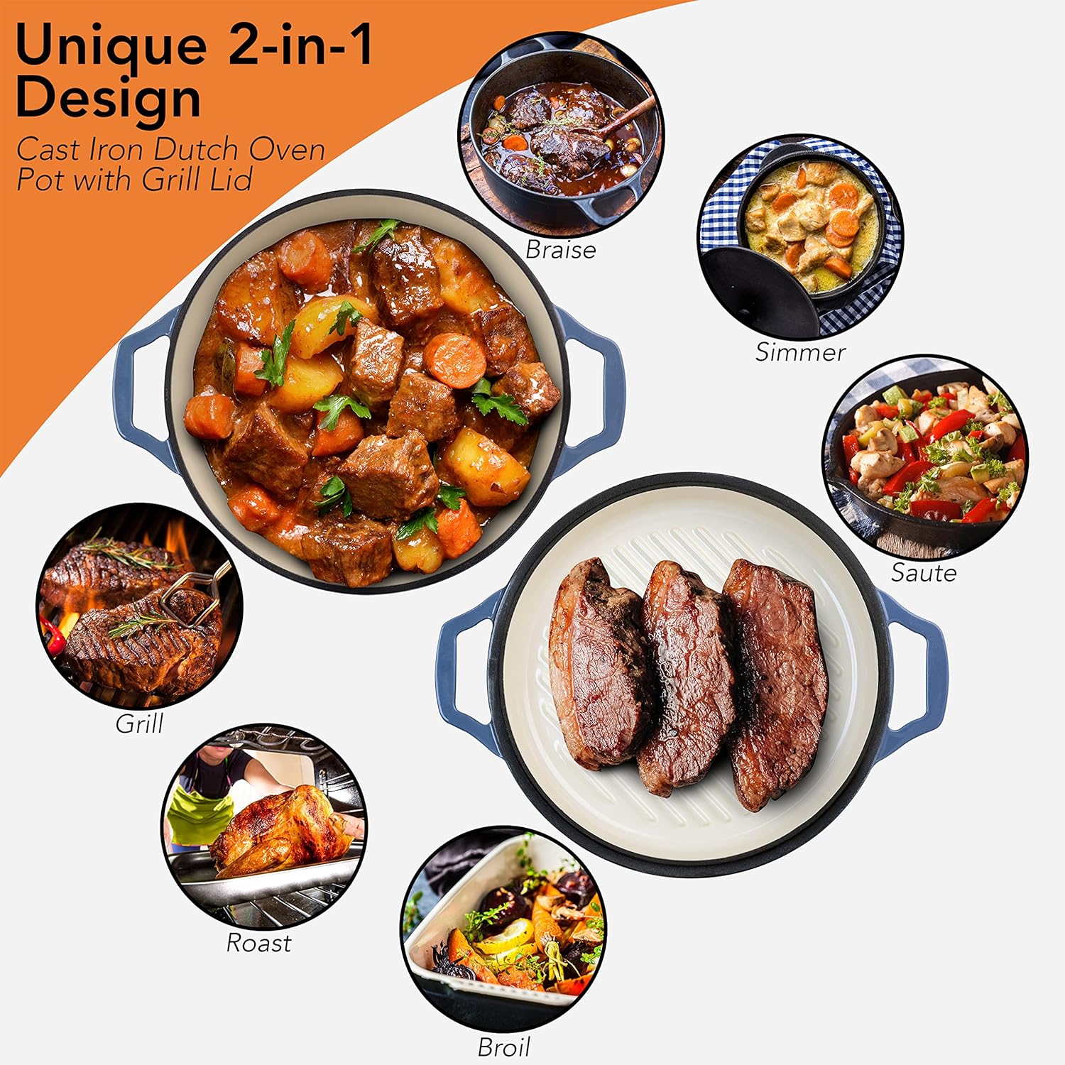 2-in-1 Enameled Cast Iron Braiser Pan with Grill Lid - 3.3-Quart Small