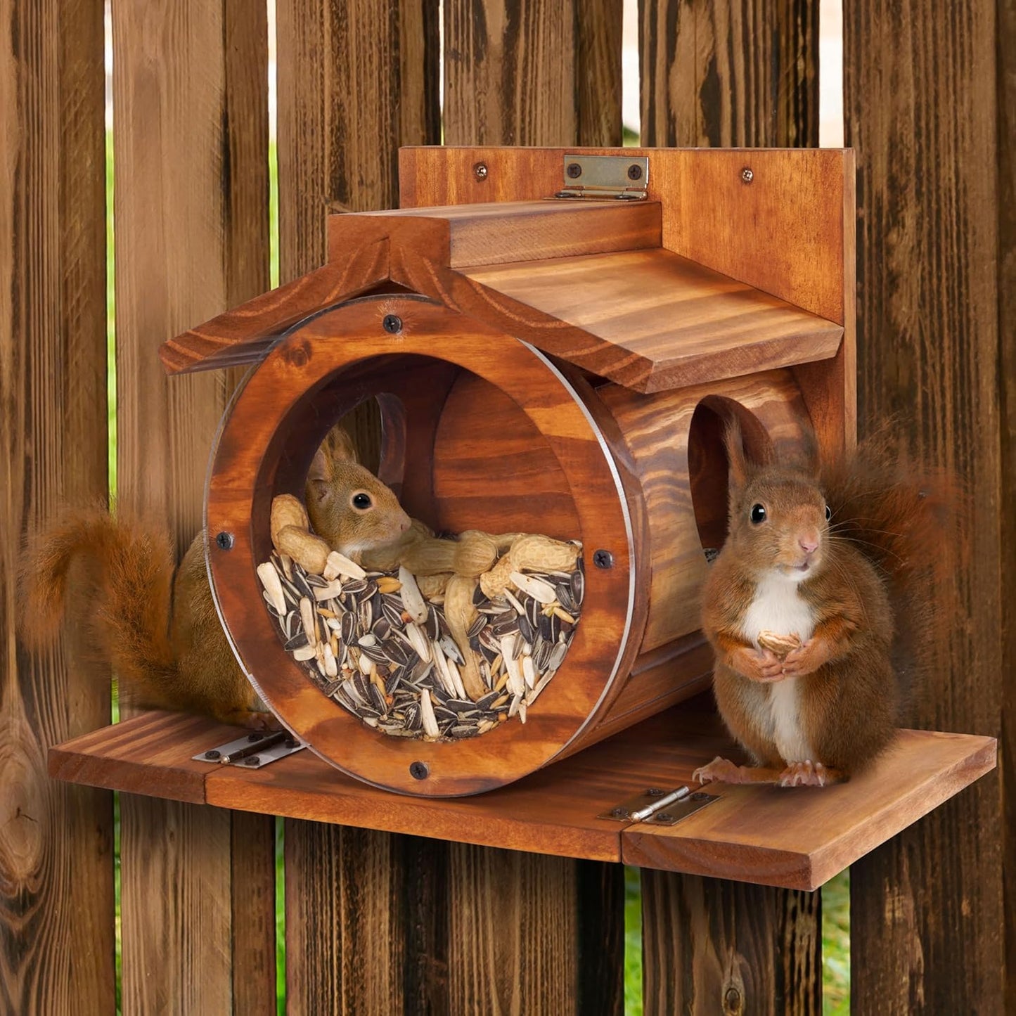 MIXUMON Wood Squirrel Feeder, Squirrel Feeders for Outside Winter, Wooden Chipmunk Feeder for Corn, Peanuts, Durable Box Easy to Fill with The Roof Can Be Opened