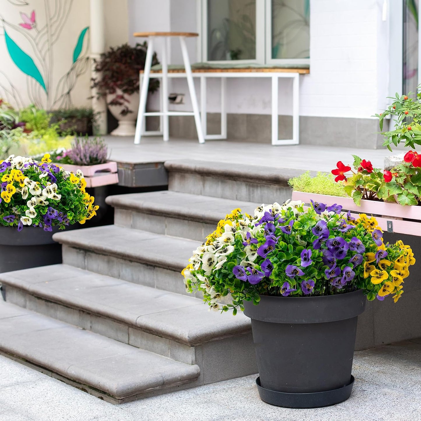 12 Bundles Artificial Fake Pansy Flowers for Outdoor - Yellow, White & Purple Faux Pansies Flowers, Fake Flowers for Outdoor Planters, Porch, Garden, Window Boxes, and Home Decoration