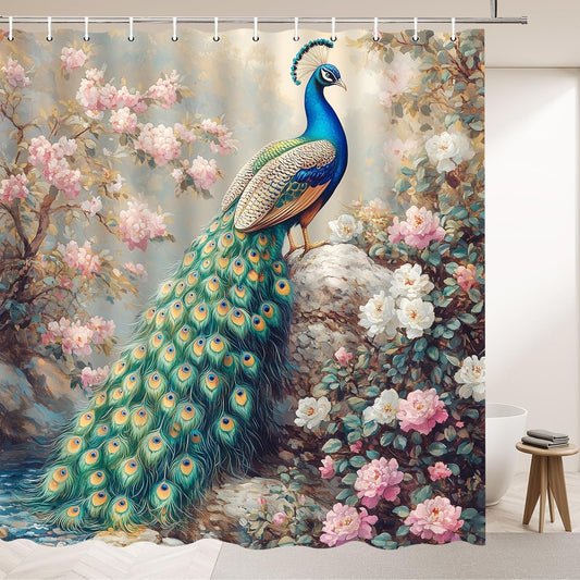 Peacock Shower Curtains Spring Flower Plants Elegant Animals Beautiful Birds Outdoor Landscape Pattern Polyester Fabric Bathroom Decor Partition Bath Curtain Sets 70x70 Inch with Hook