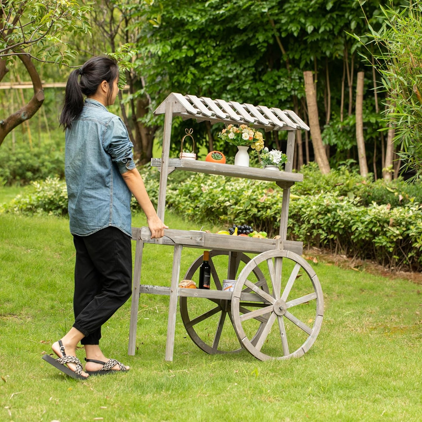 Antique Rustic Solid Wood Decor Display Rack Cart Wood Plant Stand 3 Tier with Wheels for Display, Wood Wagon with Shelves for Plants and More