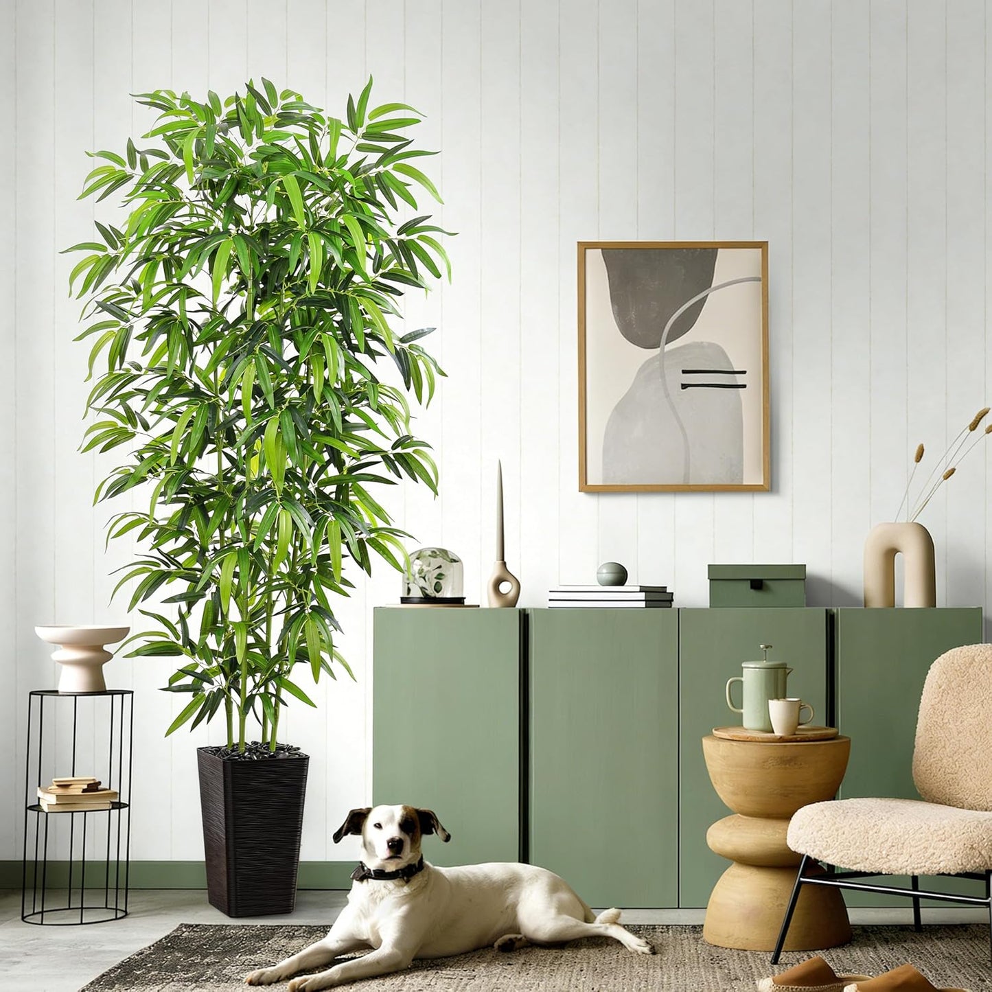 Artificial Bamboo Tree, 6FT Fake Plants Faux Bamboo Plant with Black Square Planter, Artificial Trees Faux Silk Plant with 3 Trunks & Green Lush Leaves for Home Office Indoor Outdoor Decor