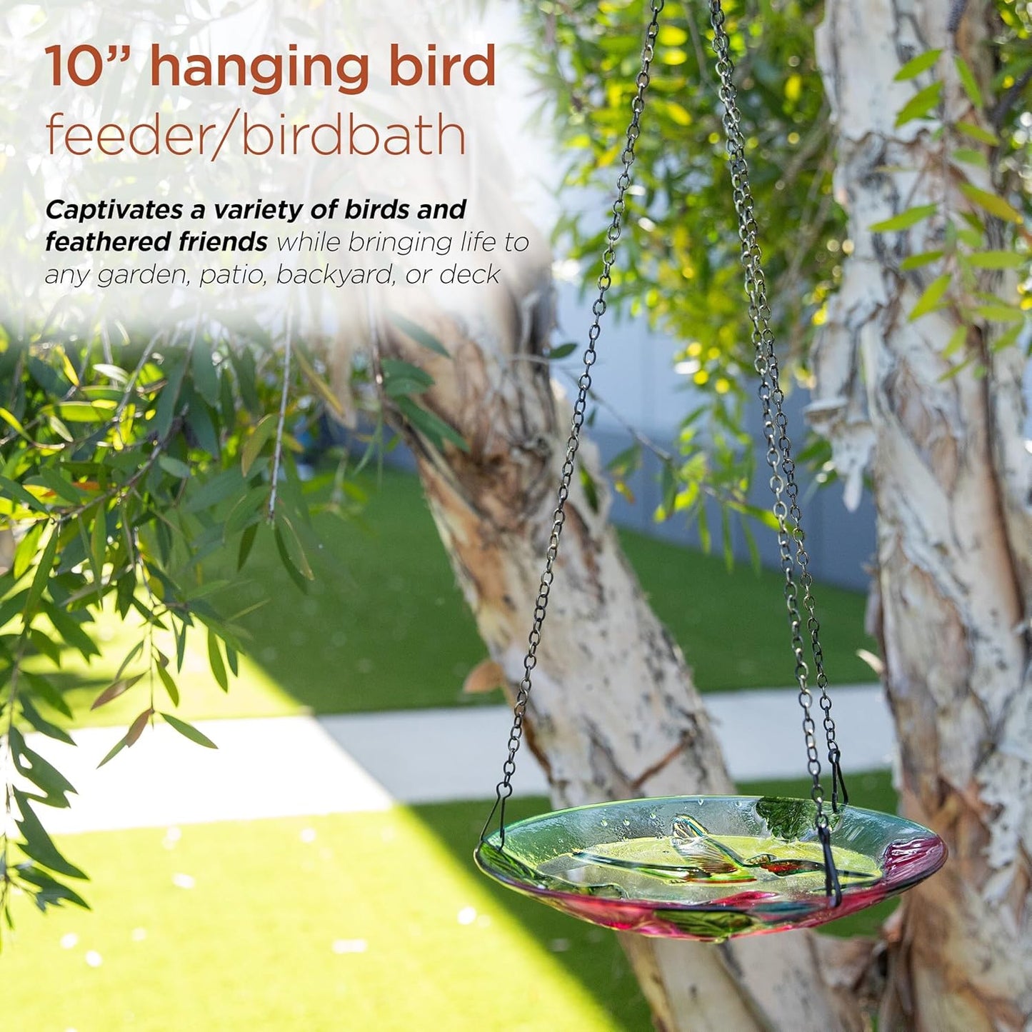 Alpine Corporation KBD150 Outdoor Hanging Glass Bird Feeder and Birdbath, Floral and Hummingbird Design with Chain, 10" W, Red/Green