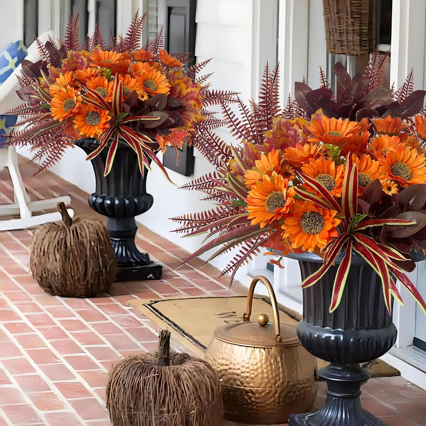 Artificial Sunflowers Flowers Faux Plants Greenery for Fall Thanksgiving Outdoor, 12 Bundles Fake Silk Bushes Foliage Look Real UV Resistant for Outside Planters Porch Pot Decor