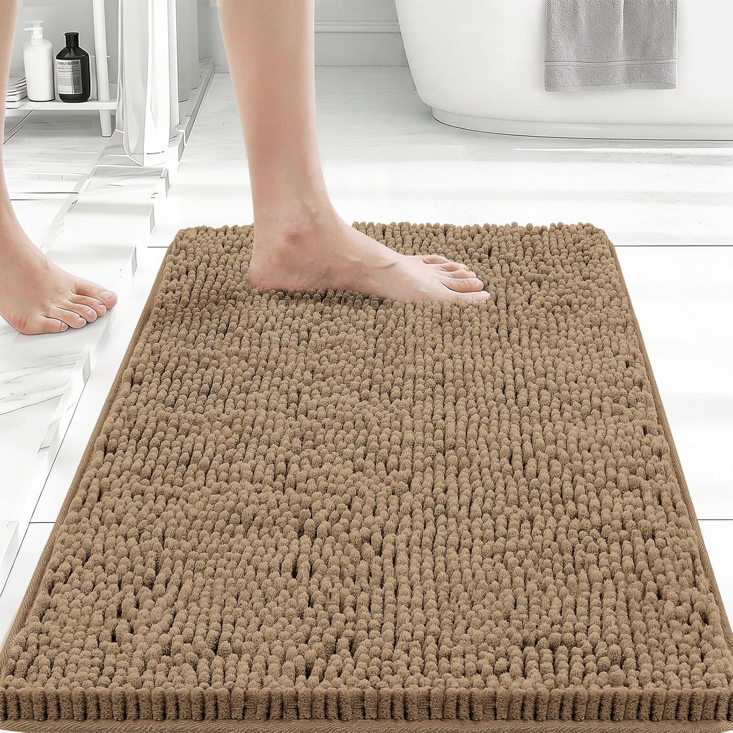 Bcoimo 61x43.2cm(24x17인치) 셔닐 욕실 매트 - 미끄럼 방지 뒷면 욕실 러그 뛰어난 흡수력 및 세탁기 세탁 가능한 욕실 매트 빠른 건조 디자인. 욕실 샤워 및 욕조 공간에 이상적