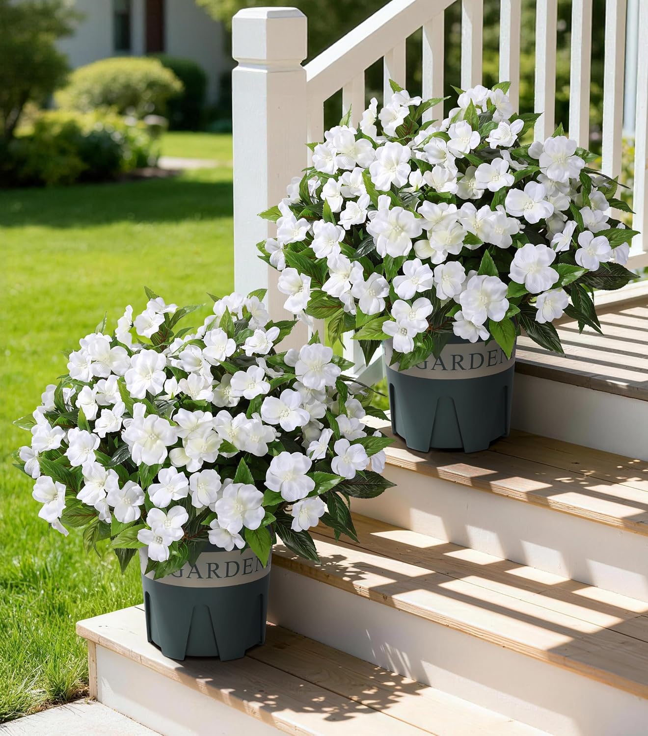 12 Bundles Artificial Impatiens Flowers for Outdoors 20'' Fake Potted Flower 2 Set Quality UV Resistant Realistic Silk Faux Flowers for Outside Balcony Garden Window Box, White