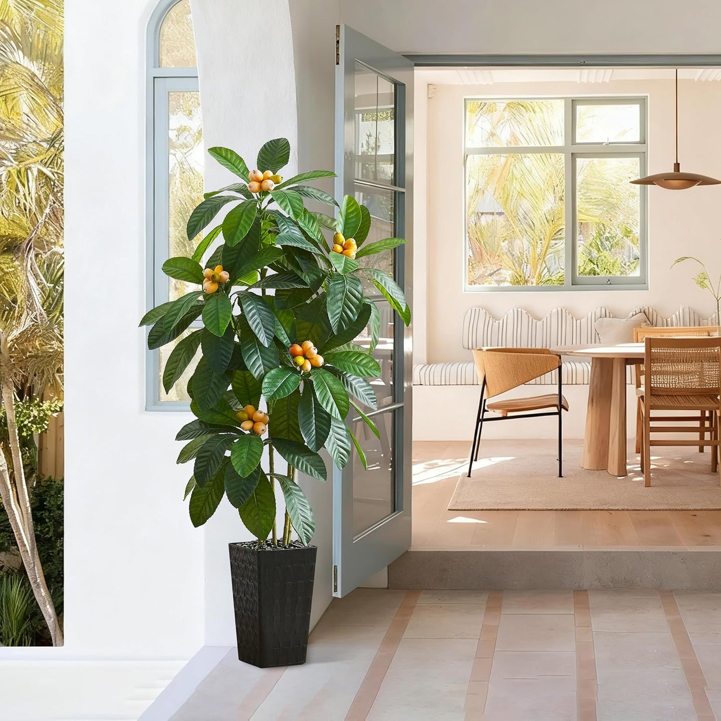 5FT Artificial Tree with Fruit, Artificial Loquat Tree, Large Fake Green Tropical Fruit Tree Silk Floor Plants Indoor with Black Planter for Outdoor Home Room Office Patio Decor