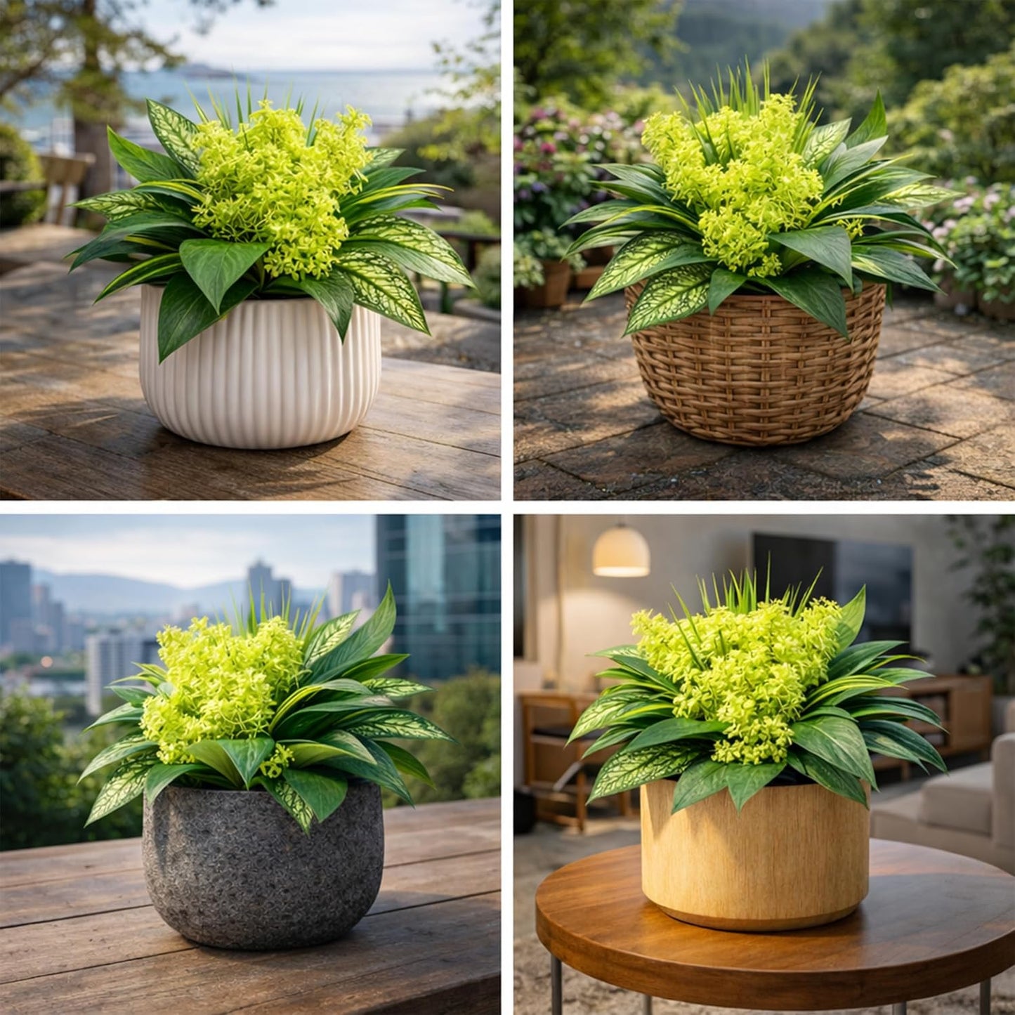 Artificial Plants, Green Foliage Arrangement with Planter Pot, UV Resistant Plastic, 15x11x4 Inches, Outdoor Patio Decoration
