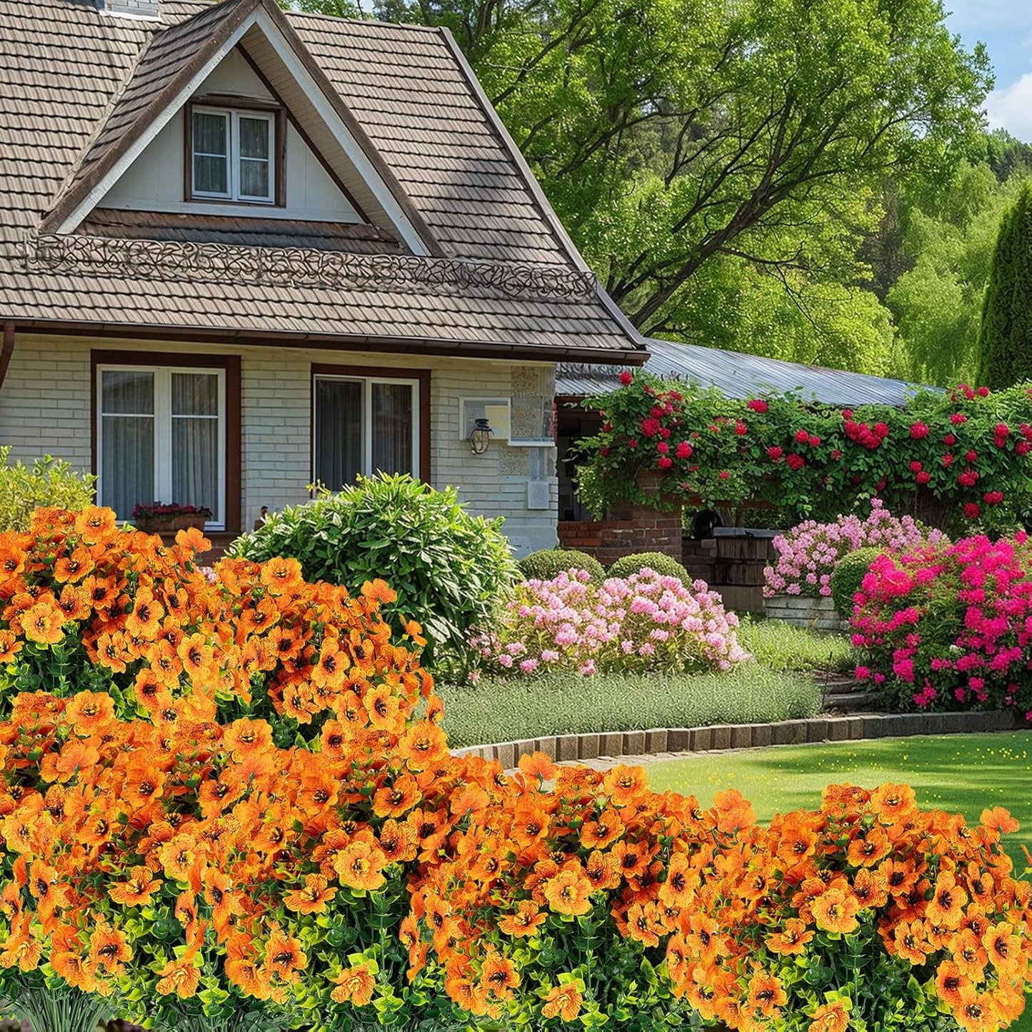 16 Bundles Artificial Flowers for Outdoors, Indoor Fake Plants with Ground Spike for Door Yard Porch Patio Garden Office Table Kitchen Planter Pot Vase Flowerpot Decorations (G)