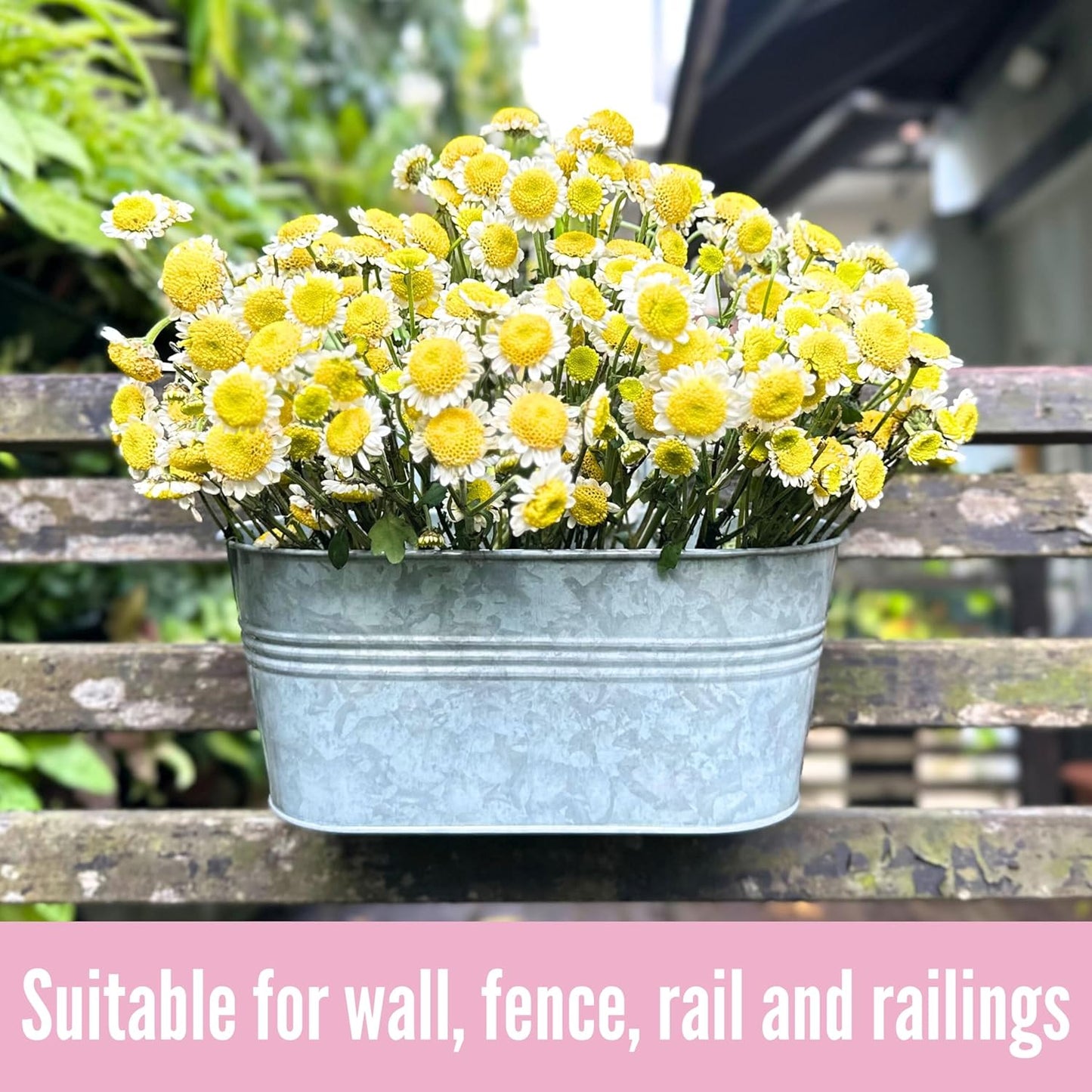 LaLaGreen Outdoor Rail Planter (11.2 Inch, 2 Pack) Silver Metal Iron Hanging Flower Pots Deck Railings Fence Buckets Modern Countryside Boho Style Wall Mount Window Box Plant Holder Hooks Porch Decor