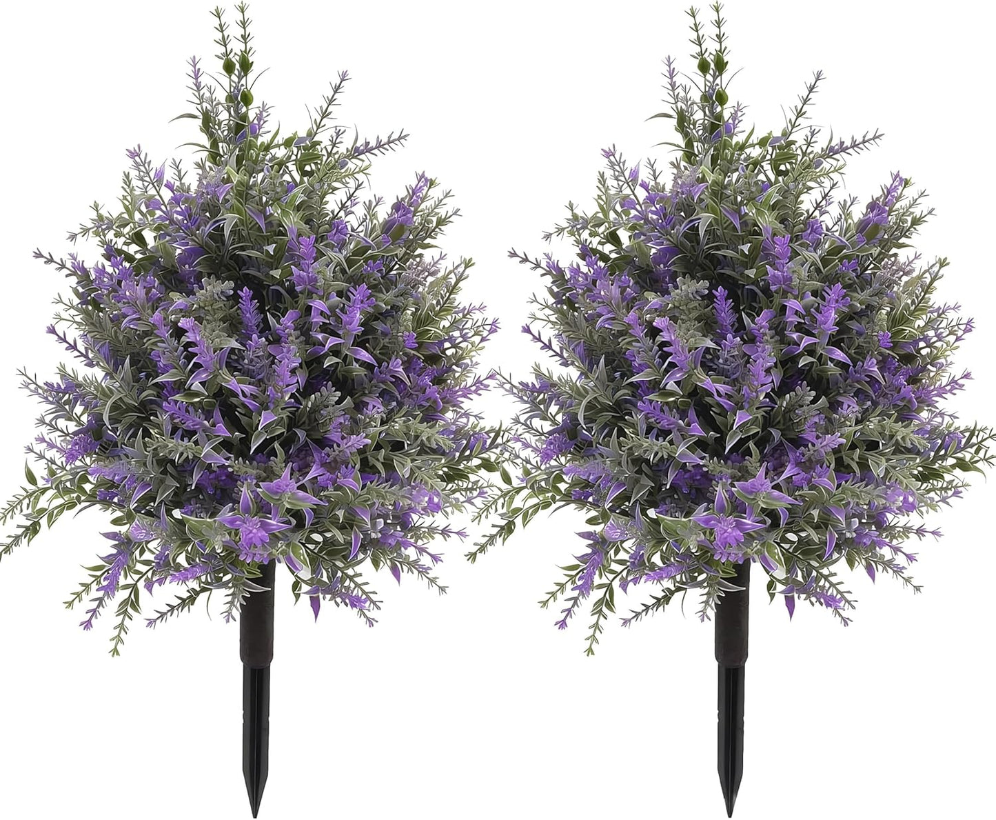 FJAKA 2Pcs Artificial Lavender Plants Outdoor Topiary Ball Tree with Ground Spike, Faux UV Resistant Artificial Shrubs, Indoor and Outdoor Fake Purple Tree for Porch, Garden, Front Door Decoration