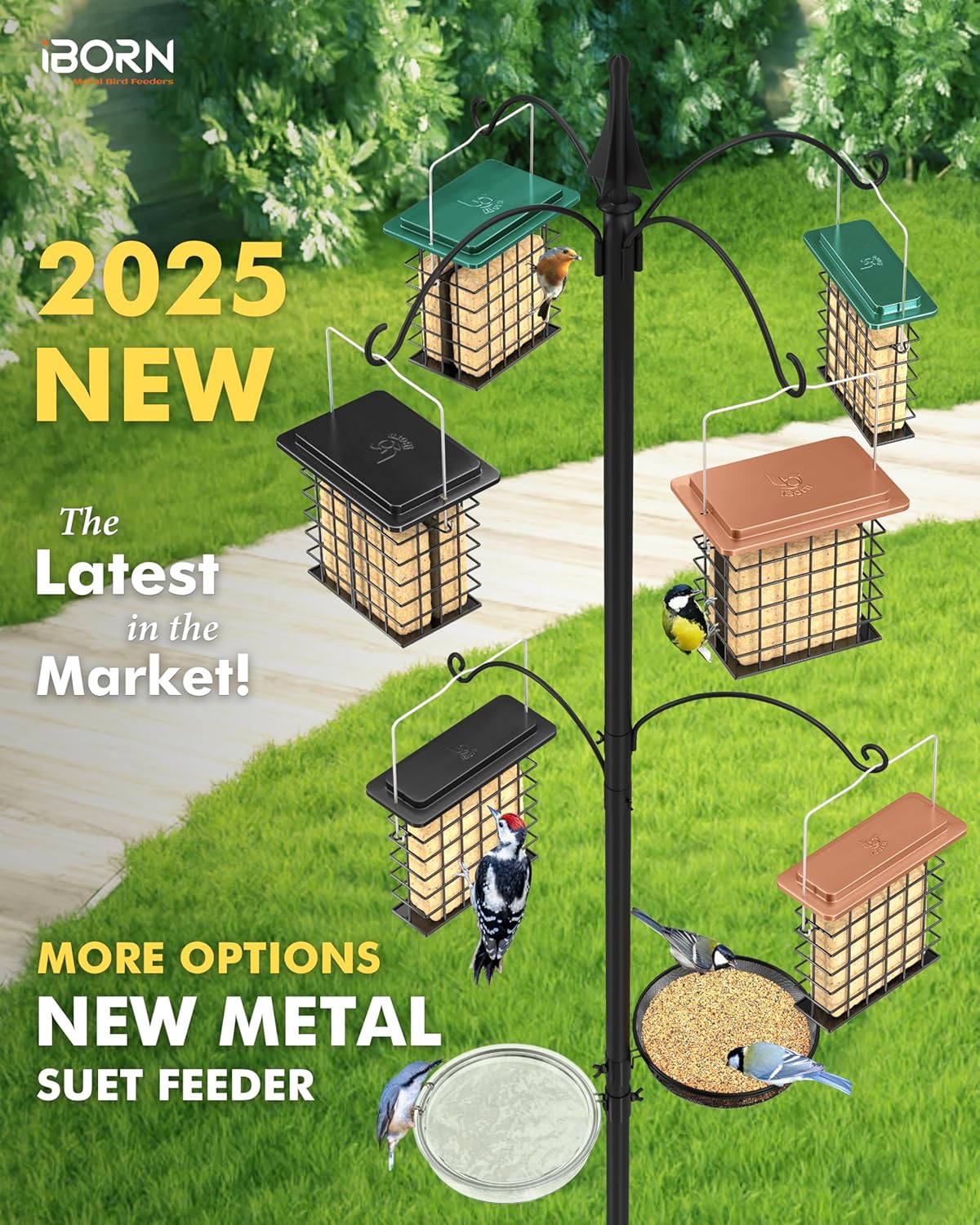 iBorn Double Suet Feeder for Outside Hanging,Weatherproof Suet Feeders,Suet Holder with Taller Grid for Woodpecker, Suet Cage Bird Feeders for Outdoors,Easy to Clean & Refill,All Metal,Black