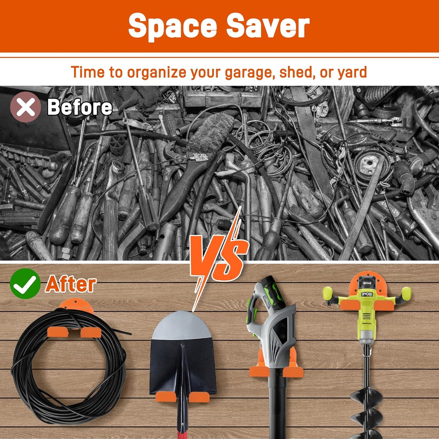 Garage Organizer Trimmer Rack, 2 Pack Weed Eater Hanger for Wall, Tool Hanger Weed Whackers Holder Wall Mounted for Grass Trimmer, Hedge Trimmer, Garage Trimmer, Garden Tools, Orange