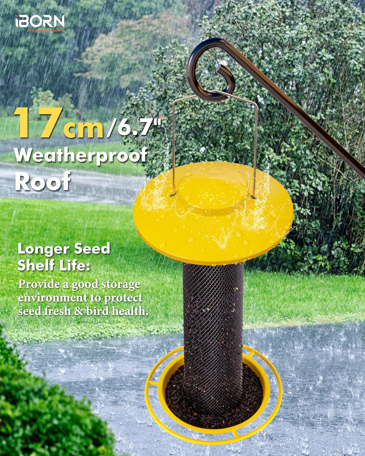 iBorn Finch Feeders for Outside,Thistle Bird Feeders for Outdoors Hanging,Nyjer Seed Feeder,Metal Mesh Tube Bird Feeder 13.5 Inch with 17cm Weatherproof Large Roof and Tray,2 LB Capacity,Yellow