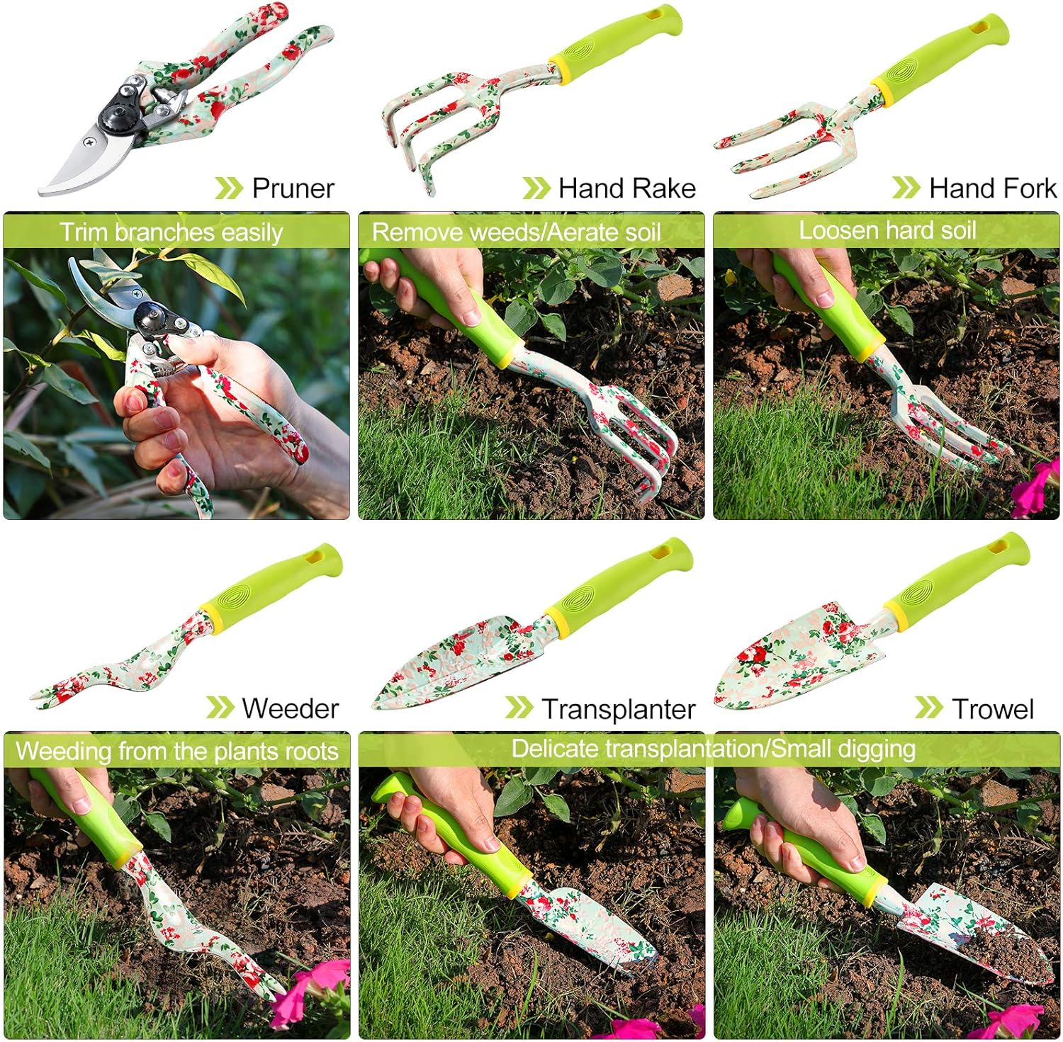 Gardening Tool Set - 13 PCS Heavy Duty Aluminum Gardening Tools Kit Fl